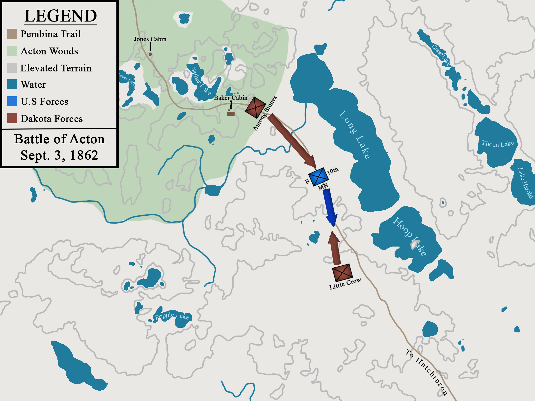 A map representing the ambush of Captain Strout's Company B, Tenth Minnesota Infantry (later part of the Ninth) by 100 Dakota warriors at the Battle of Acton, MN, Sept. 3 1862 during the Dakota War.