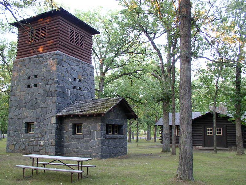 WPA/Rustic Style stone water tower and other buildings in Charles A. Lindbergh State Park, Little Falls, MN, USA