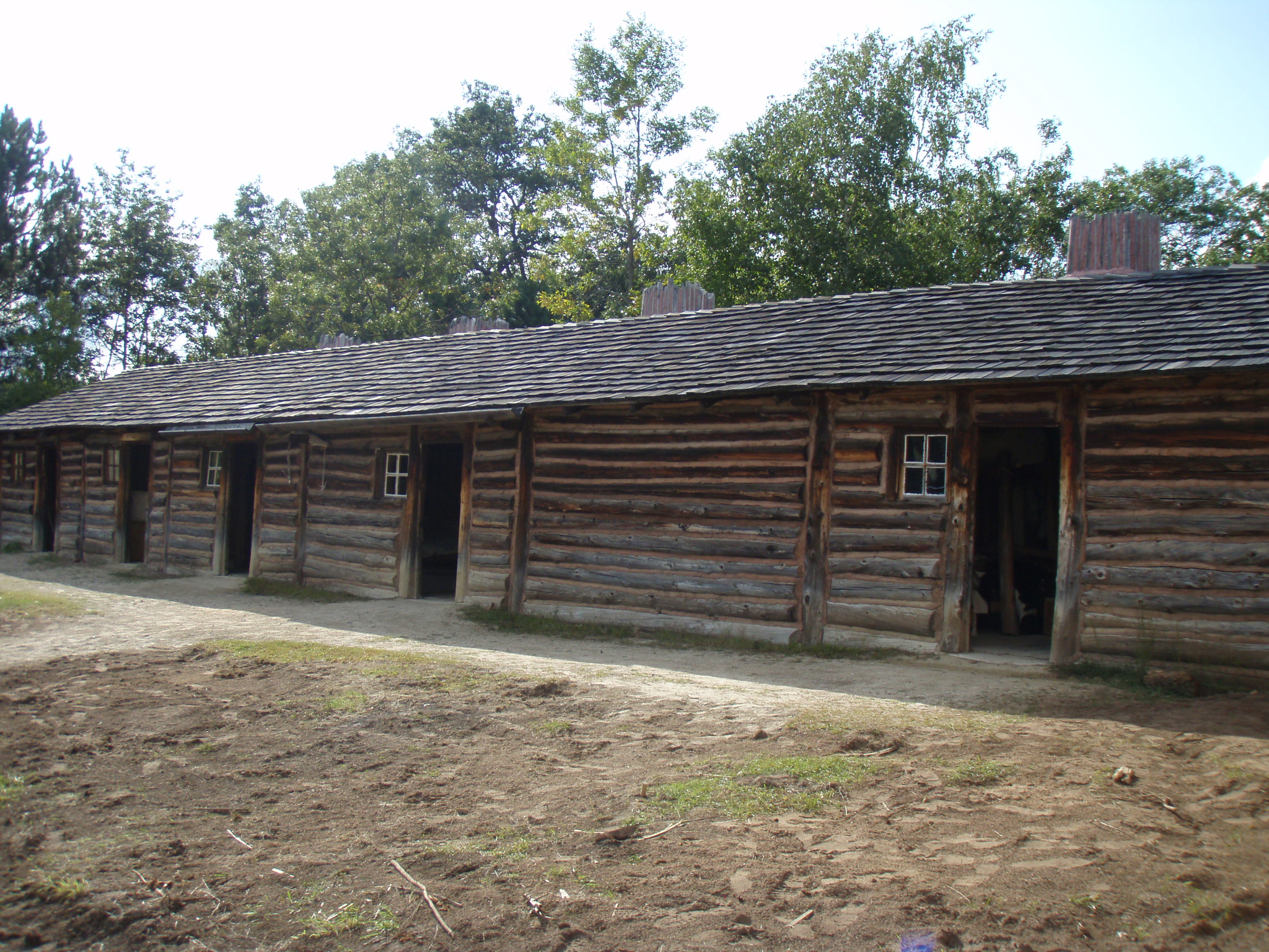 The reconstructed building at w:Northwest Company Post, a w:Minnesota Historical Society site near w:Pine City, Minnesota.  The building is a reconstruction of a w:North West Company fur trading post that operated around 1804.