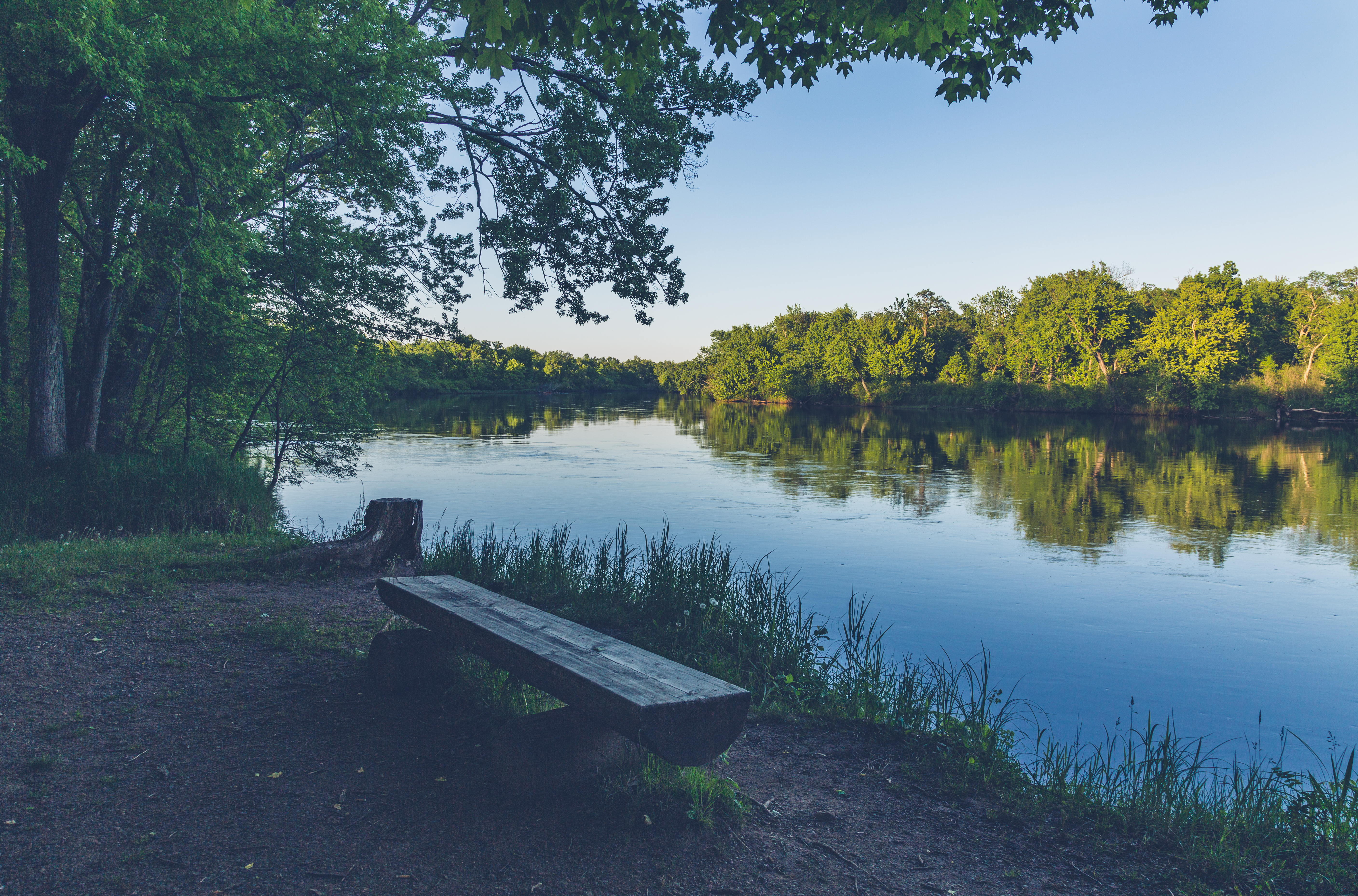 A bench along the St. Croix River, at Sand Creek Landing in Saint Croix State Park, Minnesota.