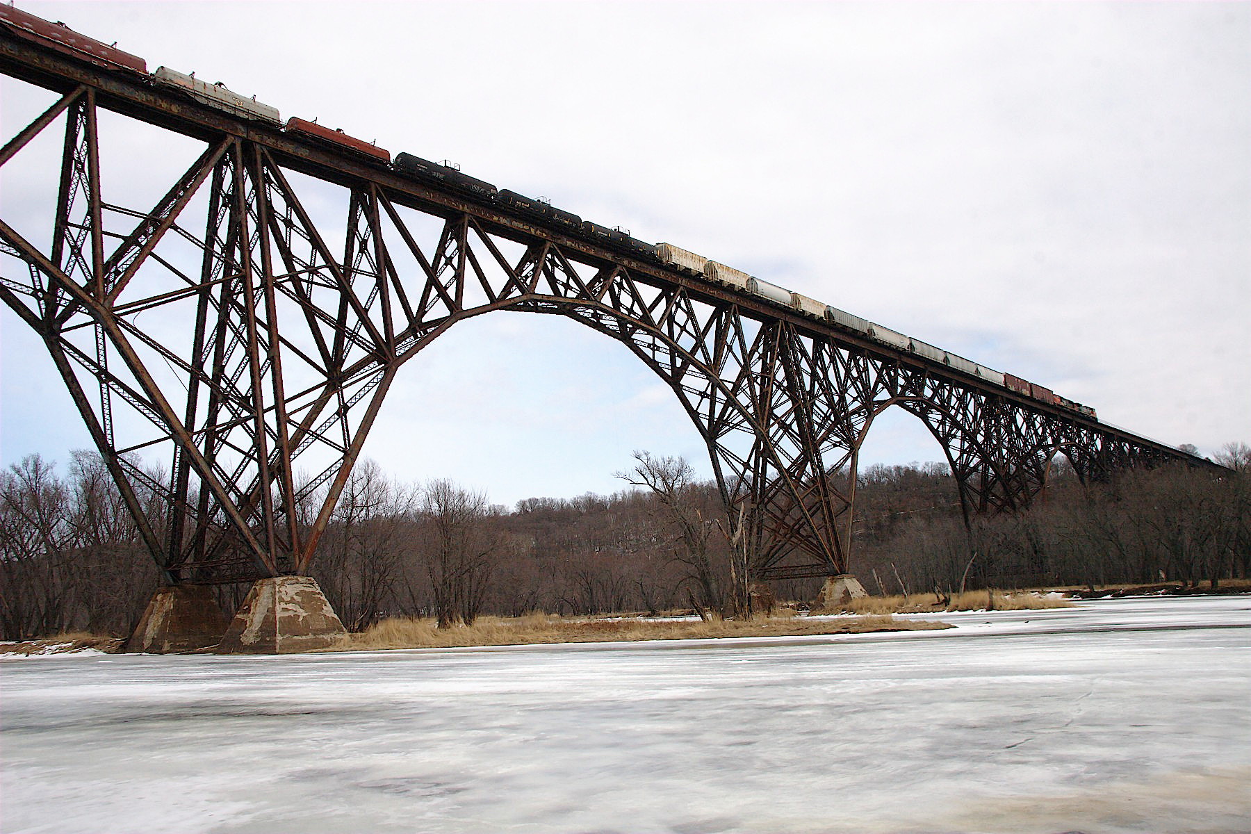 Train crossing the Arcola High Bridge on the St. Croix River, Minnesota, USA
