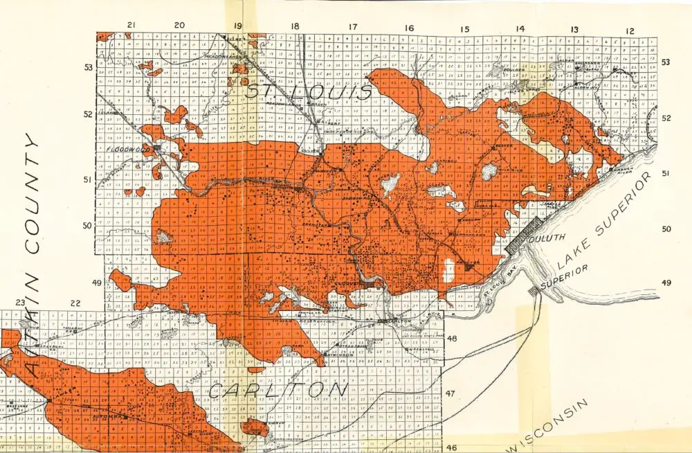 A map of the October 1918 Cloquet fire in northern Minnesota prepared by William I. Fisher as part of his "Report on Minnesota Forest Fire of October 12, 1918" prepared for the General Inspection Company in 1919