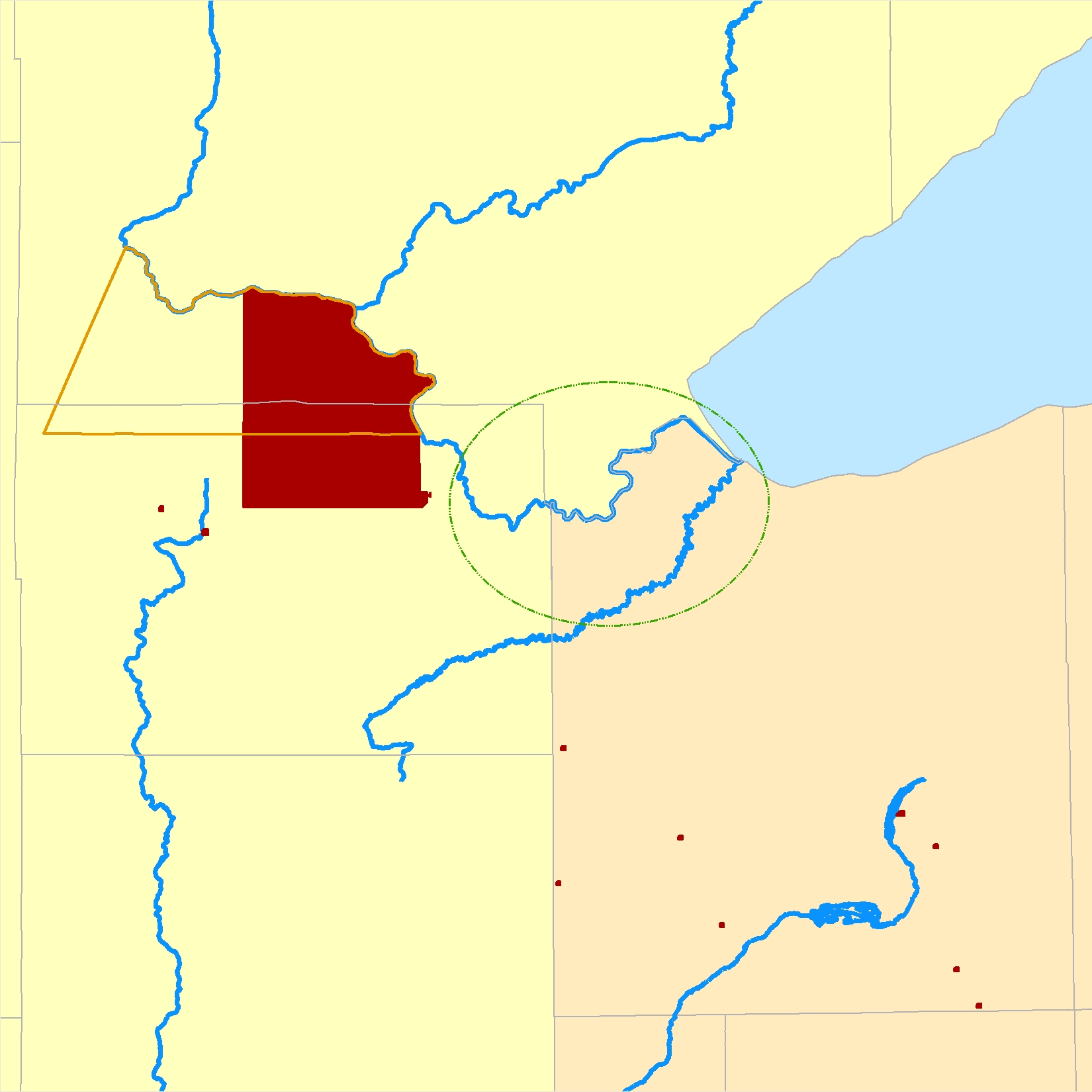 Map showing the original Fond du Lac of Lake Superior Chippewa area, the 1854-1858 Fond du Lac Indian Reservation boundaries, 1858-present Fond du Lac Indian Reservation boundaries, off-reservation Fond du Lac land holdings, and Minnesota Chippewa Tribe land holdings to which Fond du Lac Band exert jurisdiction.