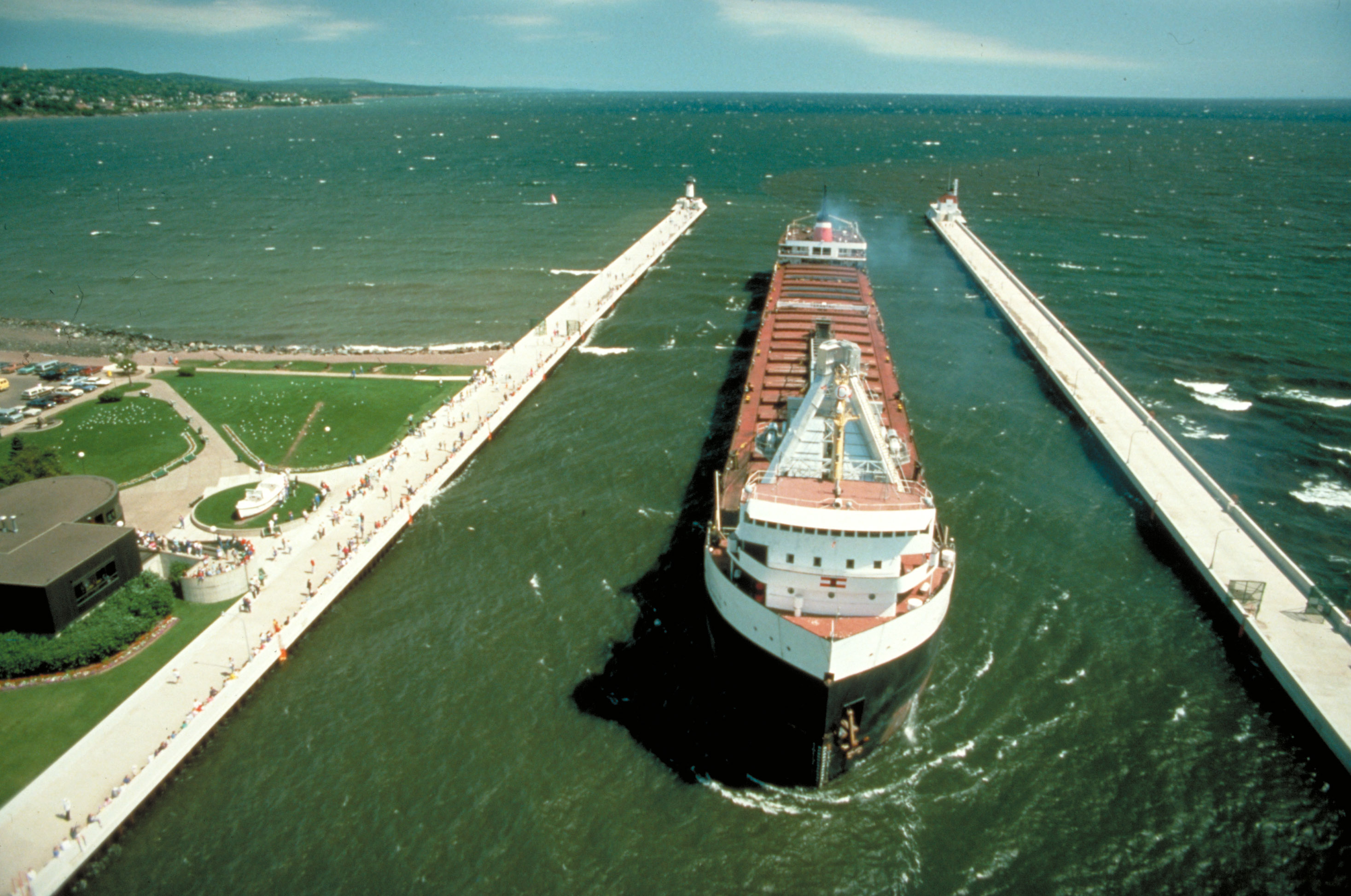 An unidentified lake freighter of the Canadian Steamship Lines entering Duluth Ship Canal in Duluth, Minnesota