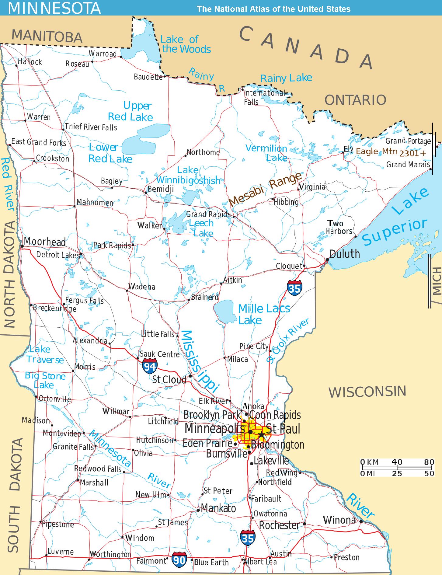 Scalable map of the U.S. state of Minnesota, showing terrain features: hills, lakes, rivers, roads and major towns, in quick photographic format (JPEG) to highlight terrain features. The Mesabi Range, Mount Eagle, and nearby states are labeled; the Interstate icons are enlarged 40%; and major cities are bolded 20%-40% for readability when scaled to 310px display width. The distance scale is shown in miles/kilometers, and labels appear 4x times larger than original in the US National Atlas, at similar display width.
Format: Quick JPEG format for photographic quality, extracted/reduced from National-Atlas file of PNG format, 130x times more massive. Names have been enlarged for readability when map is resized smaller. Map is huge and could be reduced more: the original PNG file might crash browsers with many open windows.