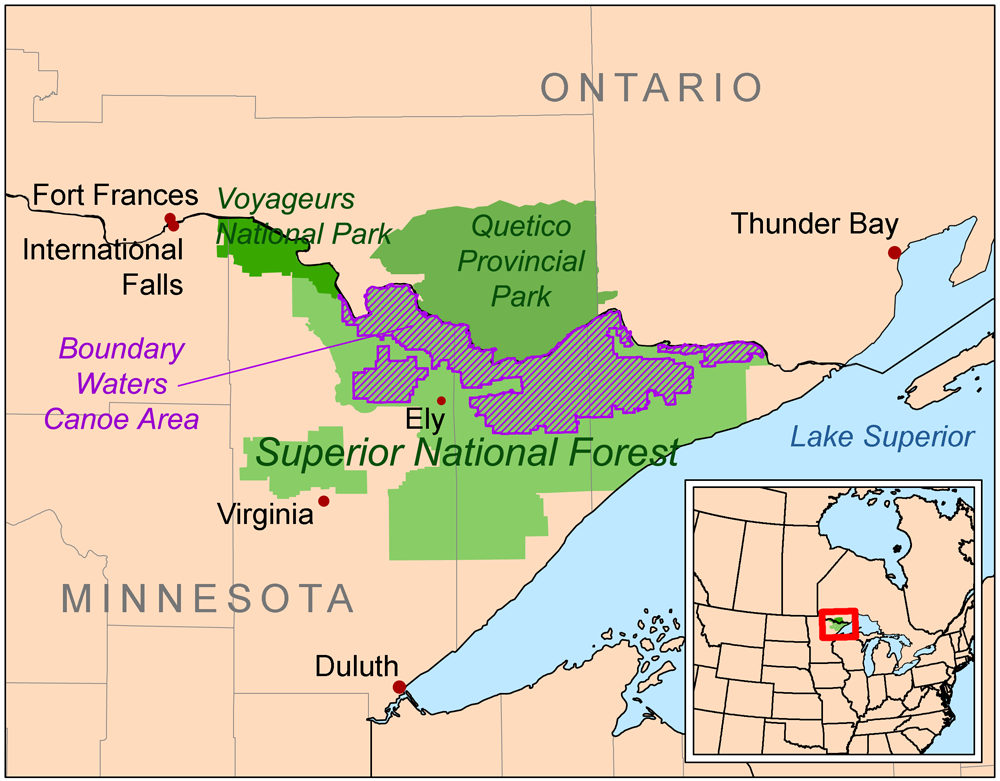 Map showing the location of Superior National Forest, Voyageurs National Park, Boundary Waters Canoe Area, and Quetico Provincial Park.
