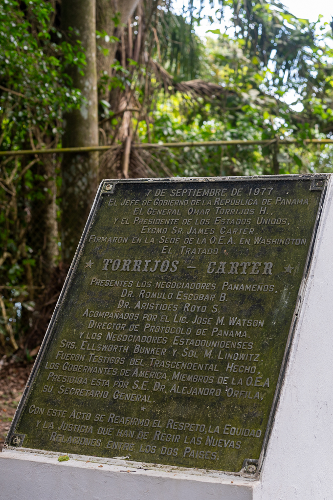 Commemorative plaque marking the signing of the Torrijos–Carter Treaties on 7 September 1977 in Washington, D.C. The treaties were signed by Panamanian leader Omar Torrijos Herrera and United States President Jimmy Carter and established the gradual transfer of control of the Panama Canal to Panama, completed in 1999. The plaque lists the principal negotiators from Panama and the United States and references the role of the Organization of American States.