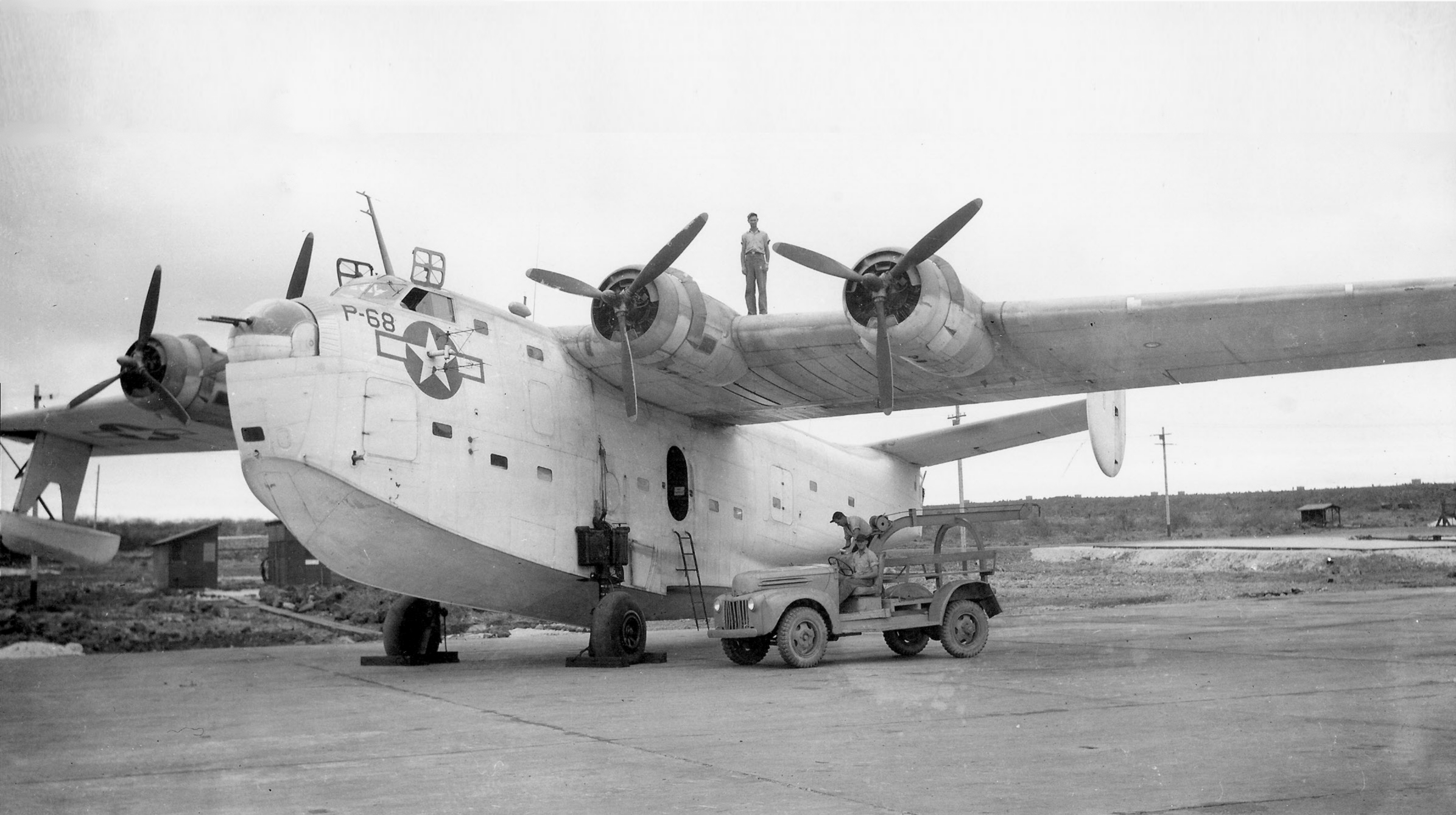 A U.S. Navy Consolidated PB2Y-3 Coronado assigned to Patrol Bombing Squadron VPB-1 at Naval Auxiliary Air Facility Galapagos on Seymour Island, from which the squadron flew missions patroling the Pacific approaches to the Panama Canal.