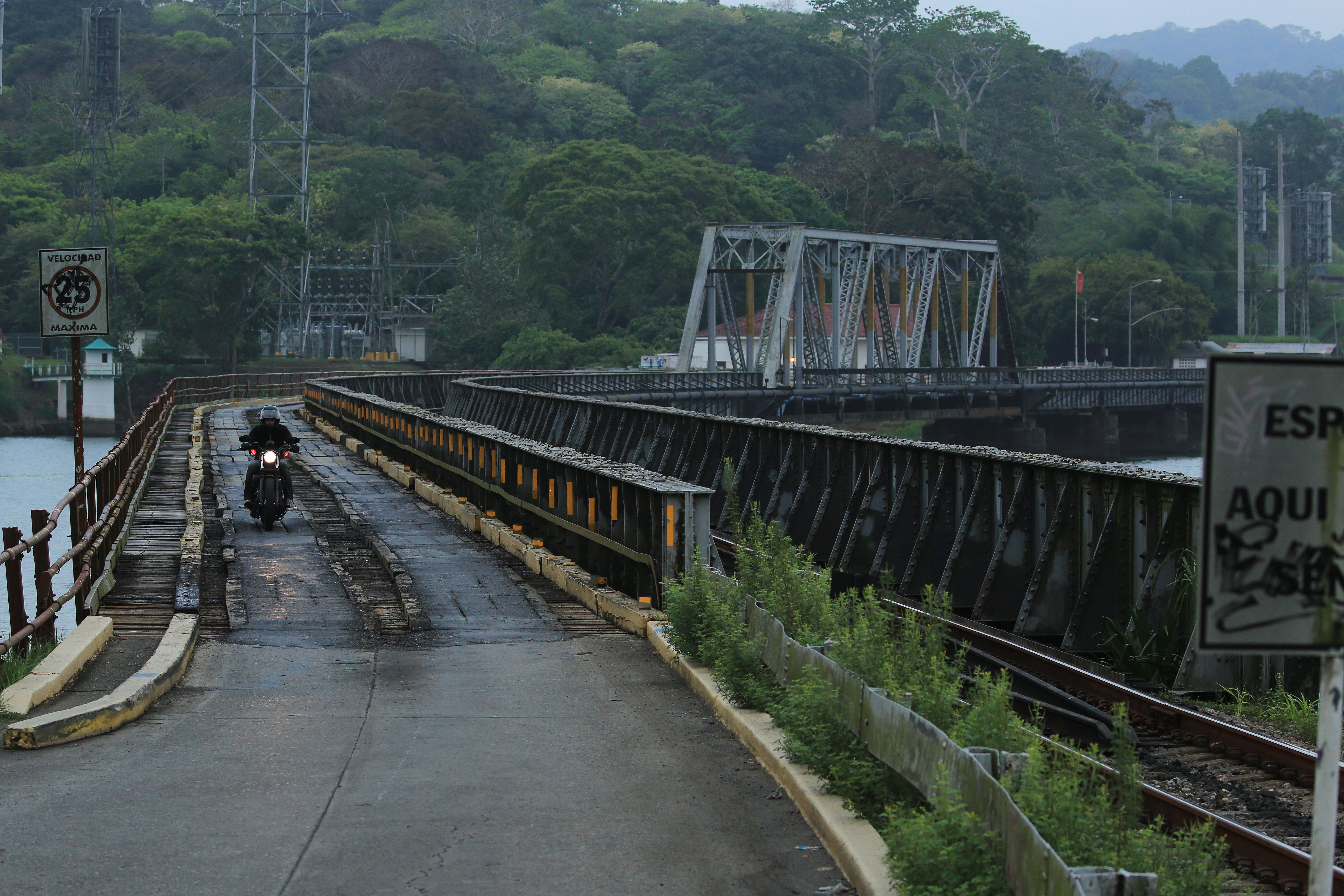 Railroad and single-lane road bridge at Gamboa, crossing the Chagres River alongside the Panama Canal