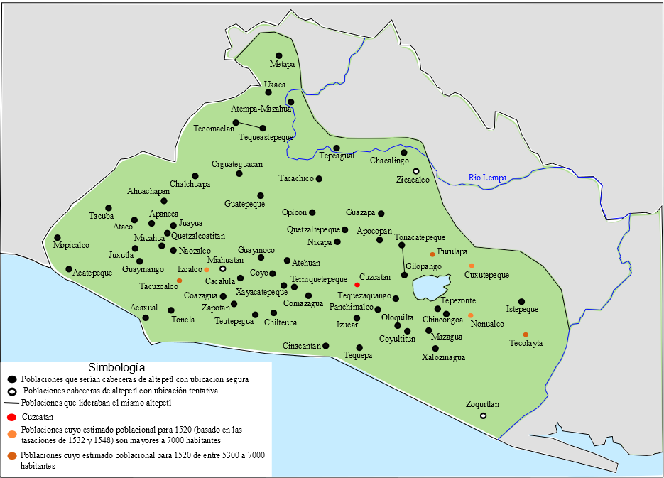 Poblaciones que serían cabeceras de altepetl o provincias en el Señorío de Cuzcatlán para el momento de la conquista. Con un punto rojo está señalado la ubicación de la capital Cuzcatán; con un punto naranja se señalan aquellas poblaciones con un estimado poblacional para 1520 (basado en la Relación de Marroquin de 1532 y la Tasación de tributos de 1548) de más de 7000 habitantes, qué podrían haber sido sede de su propio tlatohcayotl (agrupaciones de altepetl, qué estarían en principio aliados al de Cuzcatán y tendrían una mayor o menor autonomía con respecto a este para el tiempo de la conquista); con punto café aquellas poblaciones con estimados poblacionales de entre 7000 y 5300 habitantes, que sobresalían de las demás poblaciones sede de altepetl o provincias tributarias; y con una línea aparecen unidas aquellas poblaciones que son mencionadas juntas en 1532 o 1548,y que podrían ser cabeceras de un mismo altepetl. En el mapa no aparecen las poblaciones, al no saber donde precisamente se ubicaban, de: Alzuneque, Ayvovasco, Ziguatlan, Coatamagaz y Coazalata (estás dos formarían un solo altepetl), Chichigualtepegua y Paluca (ambas formarían un solo altepetl con Opicon), Chupol o Polol, Cozalchiname (que formaría un solo altepetl con Acatepeque) y Mascote.