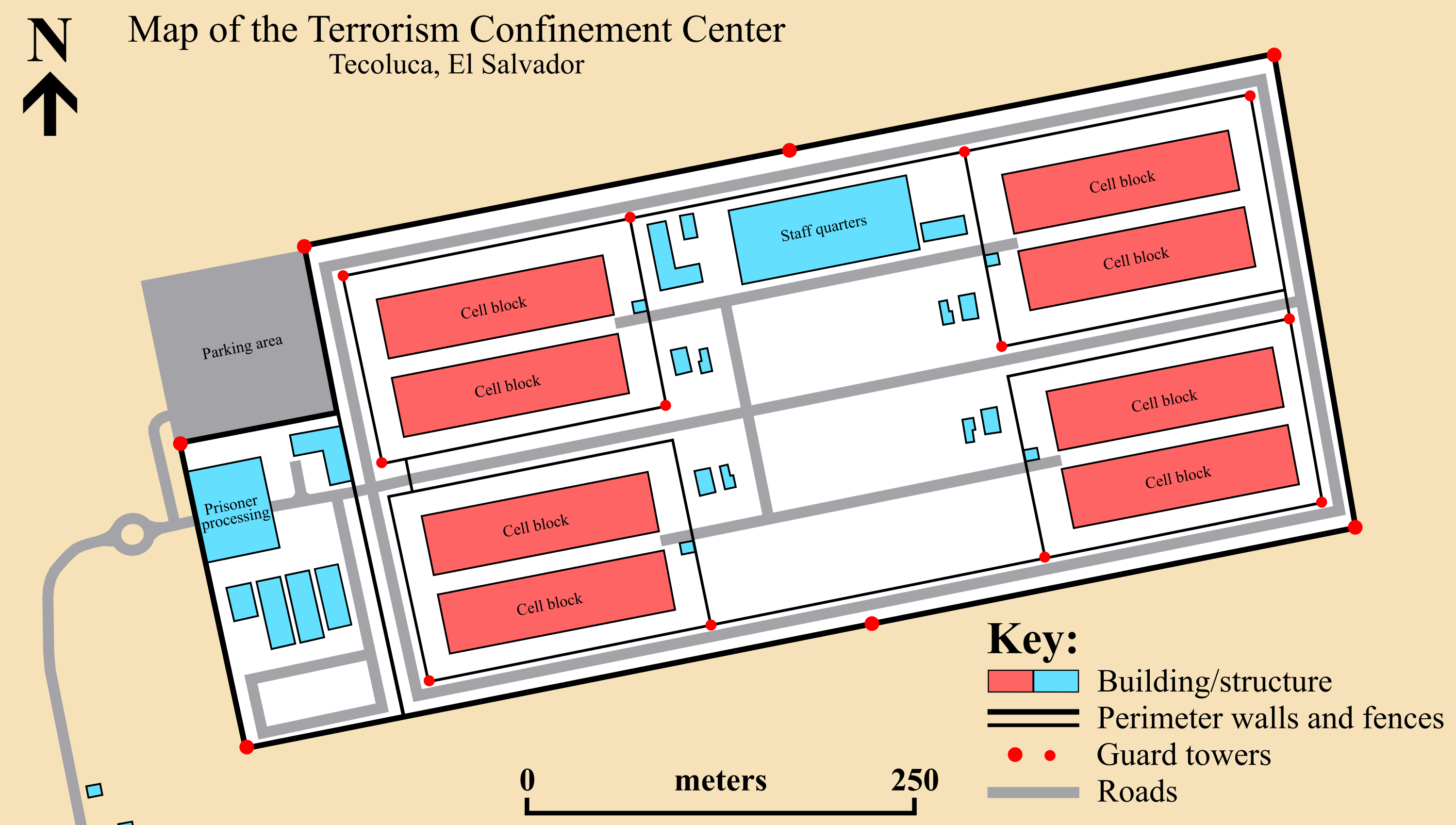 A map of the layout of the Terrorism Confinement Center (CECOT) maximum security prison in Tecoluca, El Salvador (English)