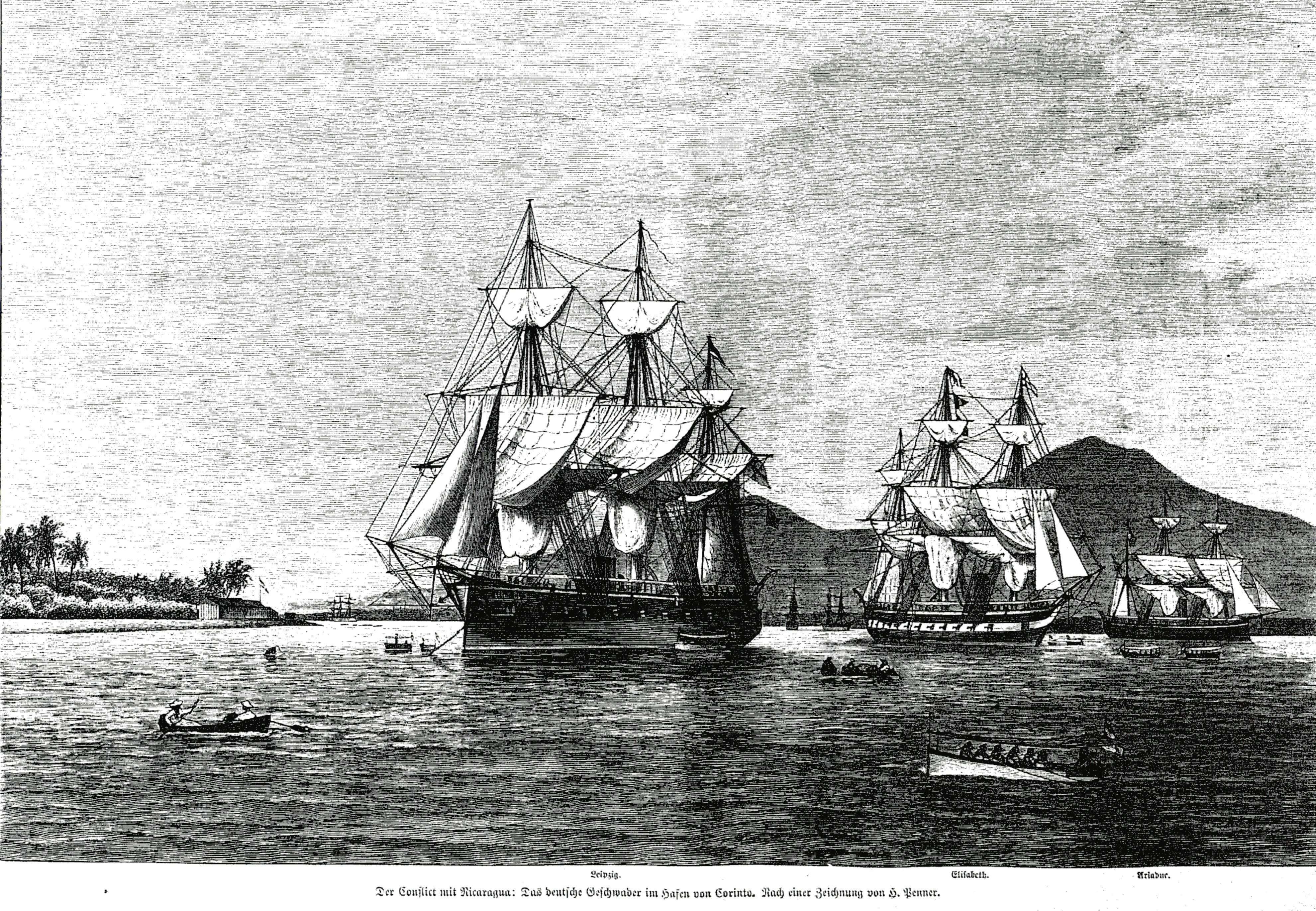 The German Central American squadron at Corinto/Nicaragua, march 1878, during the Eisenstuck affair. From the left SMS LEIPZIG, SMS ELISABETH and SMS ARIADNE. Drawing by Hermann Penner (?-1894)
