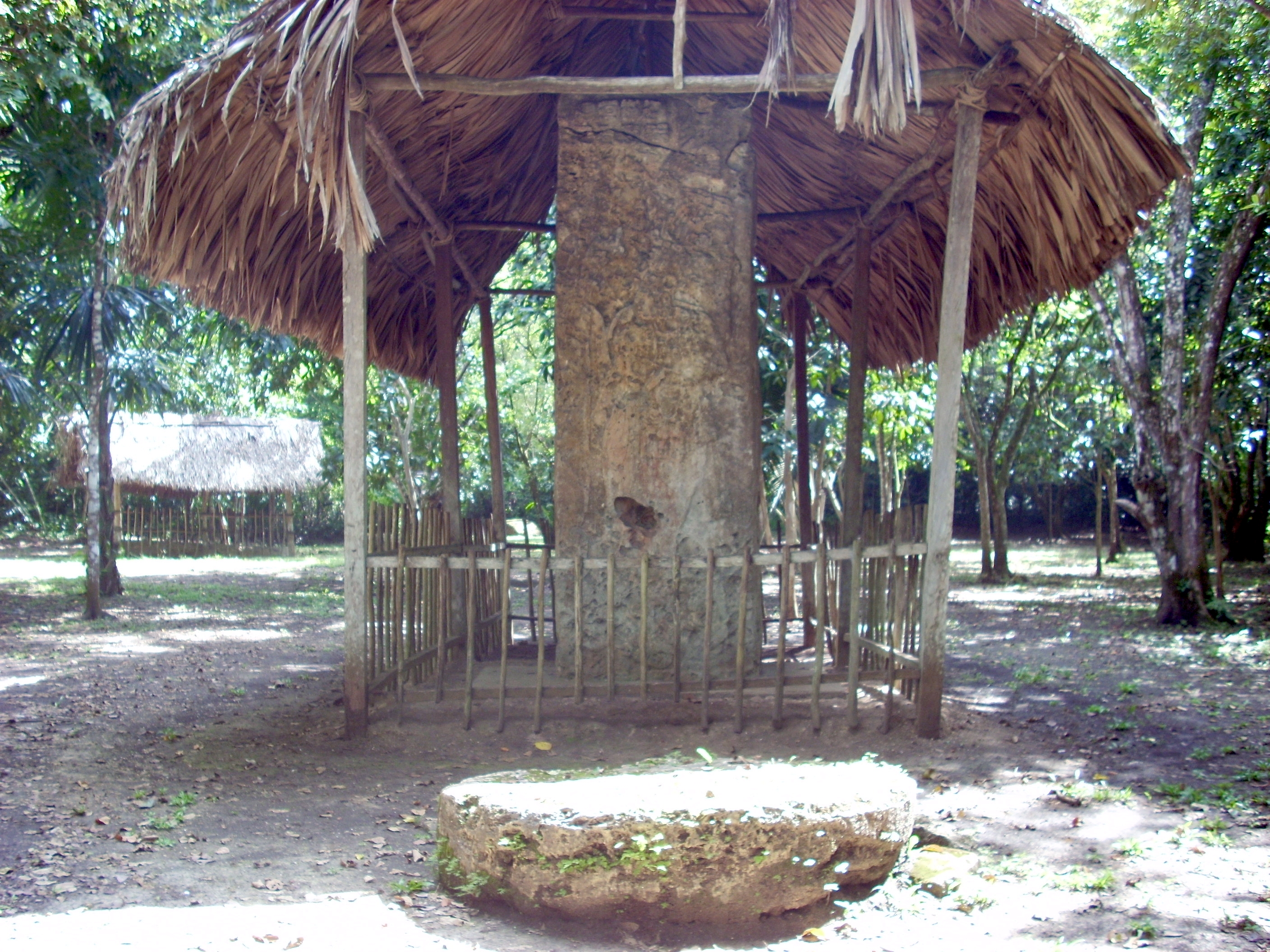 Stela-altar pair at El Chal, Peten, Guatemala. Front of Stela 4, with Altar 3.