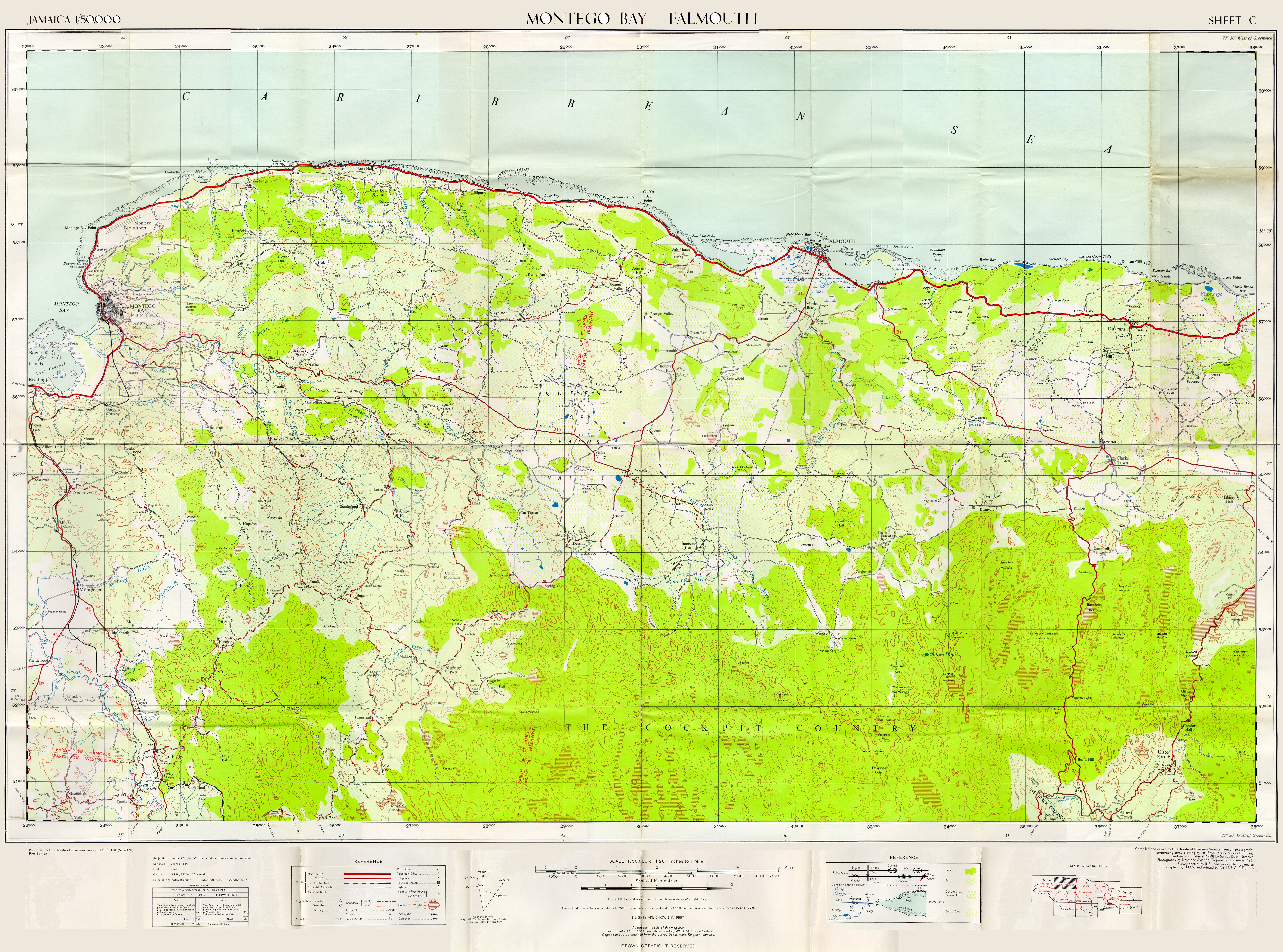 A scan of a First Edition of Sheet C (Montego Bay - Falmouth) of a 1:50,000 map of Jamaica published by the UK Directorate of Overseas Surveys in 1959 as part of D.O.S. 410 (Series E721).