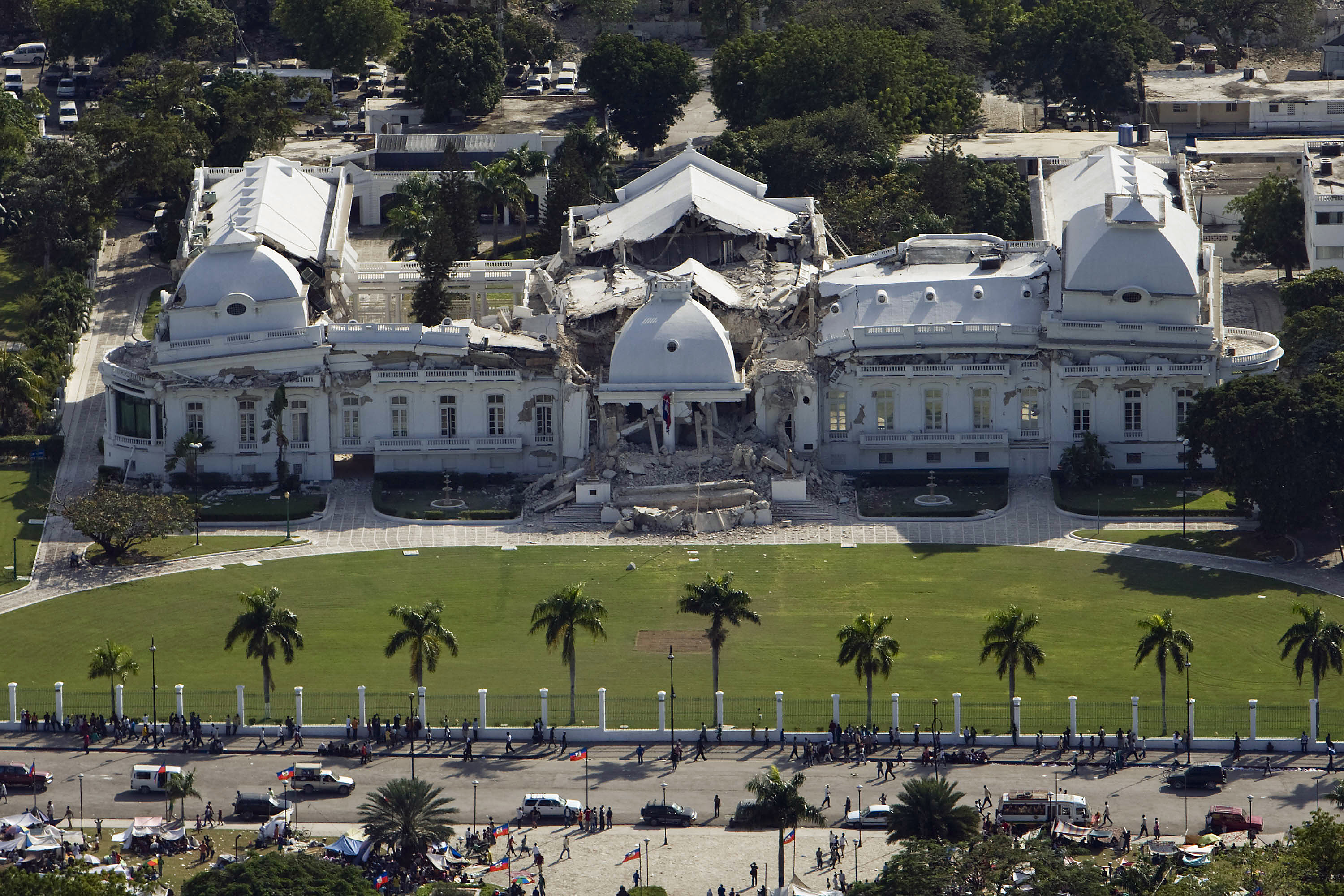 The Haitian National Palace (Presidential Palace), located in Port-au-Prince, Haiti, heavily damaged after the earthquake of January 12, 2010. Note: this was originally a two-story structure; the second story completely collapsed.