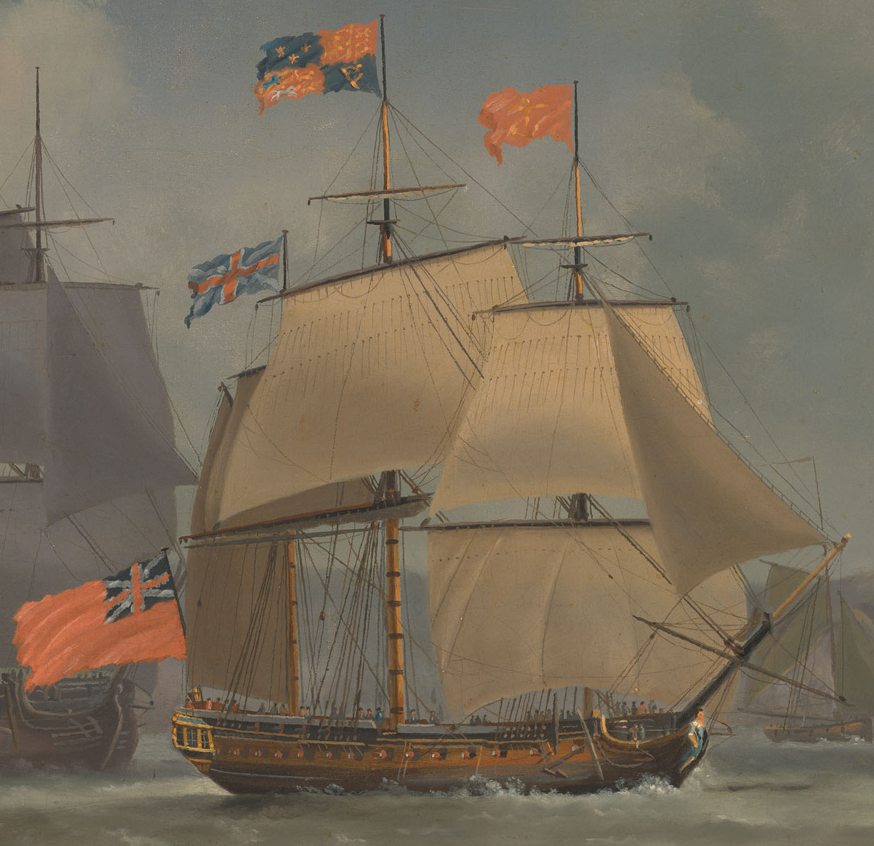 The Royal visit of H.M. King George III and H.M. Queen Charlotte to Plymouth Dockyard, Plymouth, 18th August 1789
The King in HMS Southampton reviewing the fleet under the command of Rear-Admiral of the Blue, Sir Richard Bickerton
4 of 4
Series depictsː The Royal visit of H.M. King George III and H.M. Queen Charlotte to Plymouth Dockyard, Plymouth, 18th August 1789: Their Majesties the King and Queen arriving at Plymouth Sound aboard H.M.S. Southampton with H.M.S. Magnificent in attendance; and Their Majesties proceeding in the Royal barge to visit the fleet; and The King in H.M.S. Southampton reviewing the fleet under the command of Rear-Admiral of the Blue, Sir Richard Bickerton; and View of Plymouth Dockyard with H.M.S. Impregnable, the flagship of Rear-Admiral of the Blue, Sir Richard Bickerton, lying in Plymouth Sound.

more information