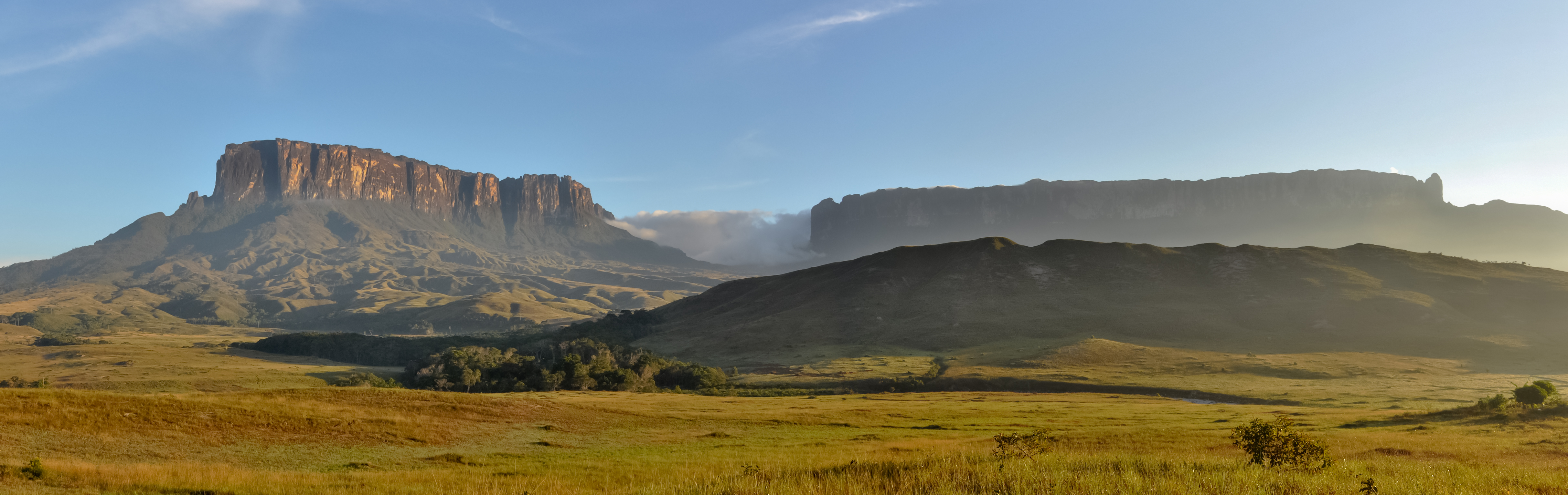Morning view of Kukenan and Roraima tepuis, from Tëk river camp (river visible in the image), in Gran Sabana, Venezuela. Roraima tepui is actually some 100 mts higher than Kukenan, but due to the perspective of the picture, it looks like it is lower.