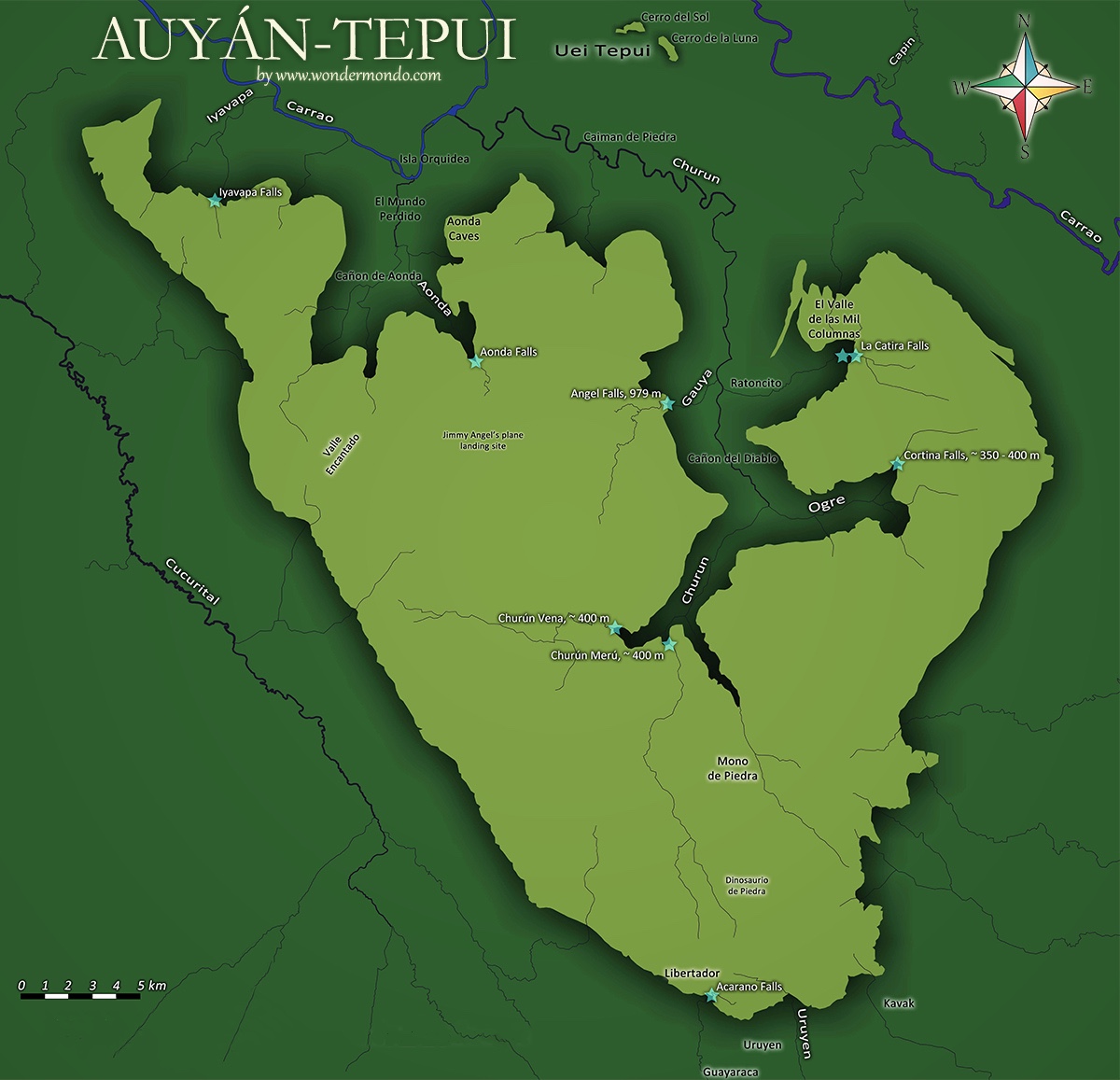 Overview map of Auyán-tepui with most notable landmarks marked. Map created based on satellite images and information from several books and scientific articles.