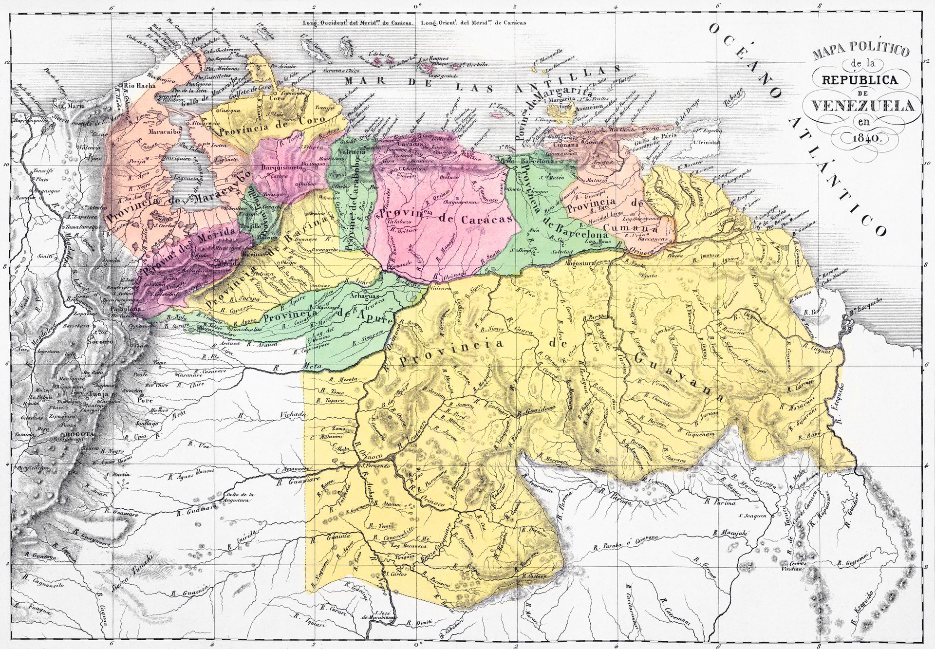 Political map of the Republic of Venezuela in 1840. Lith. de Thierry freres a Paris. (Caracas 1840). Size: 57x40cm. Two lithographed maps. Full hand col. Relief shown by hachures.
Restoration
In the restoration, stains aging paper products retreated. Colors and errors in the map have been left as in the original respect for the author.