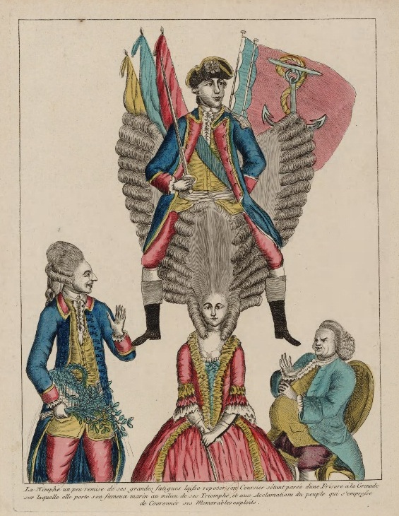 "The Nymph left standing rider. It s'estt adorned with a headdress which she wears her famous sailor (D'Estaing) in the midst of his triumphs, and the acclamations of the people who hastens to crown his memorable exploits". Print allegorical and propaganda carried out after taking the island of Grenada and the naval victory of d'Estaing in July 1779.
