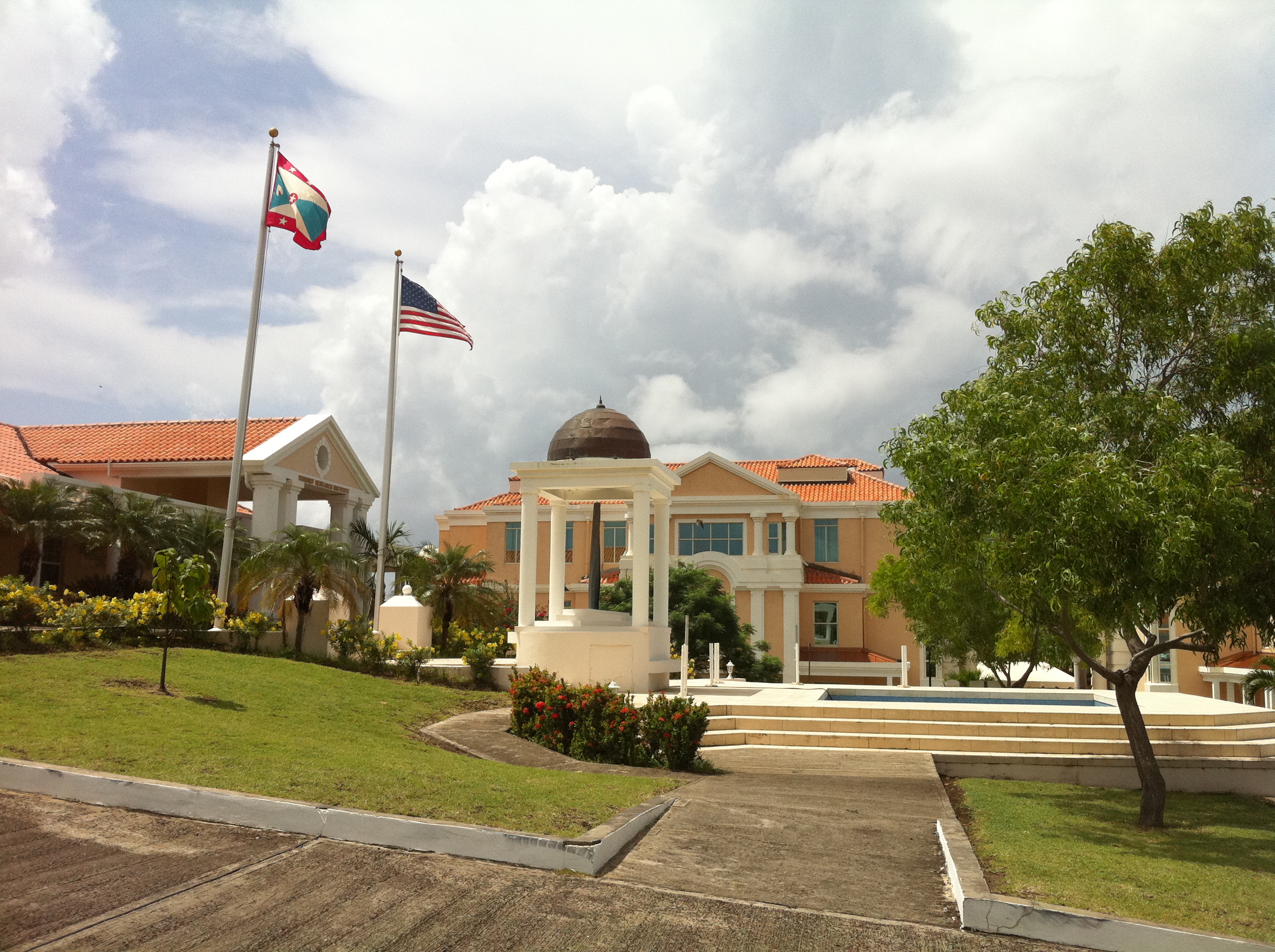 The memorial at St. George's University for the servicemen killed during the Invasion of Grenada. The memorial is located at True Blue Campus next to Founders Library, in front of the WINDREF center and Anatomy Department buildings.