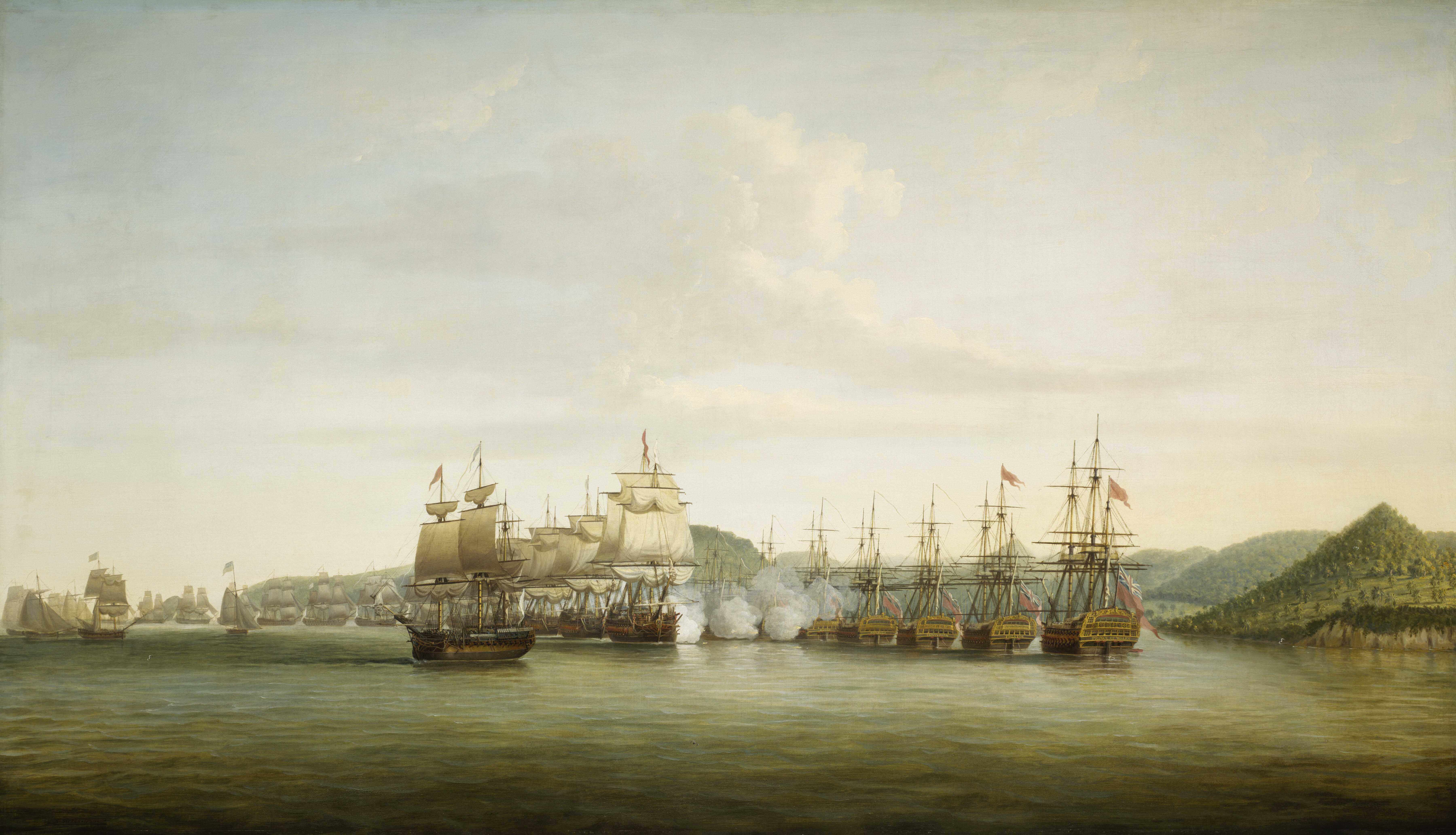 December 15, 1778, Island of St. Lucia. Naval battle between the 12 French ships of d'Estaing (left) and seven English ships of Admiral Barrington (right).