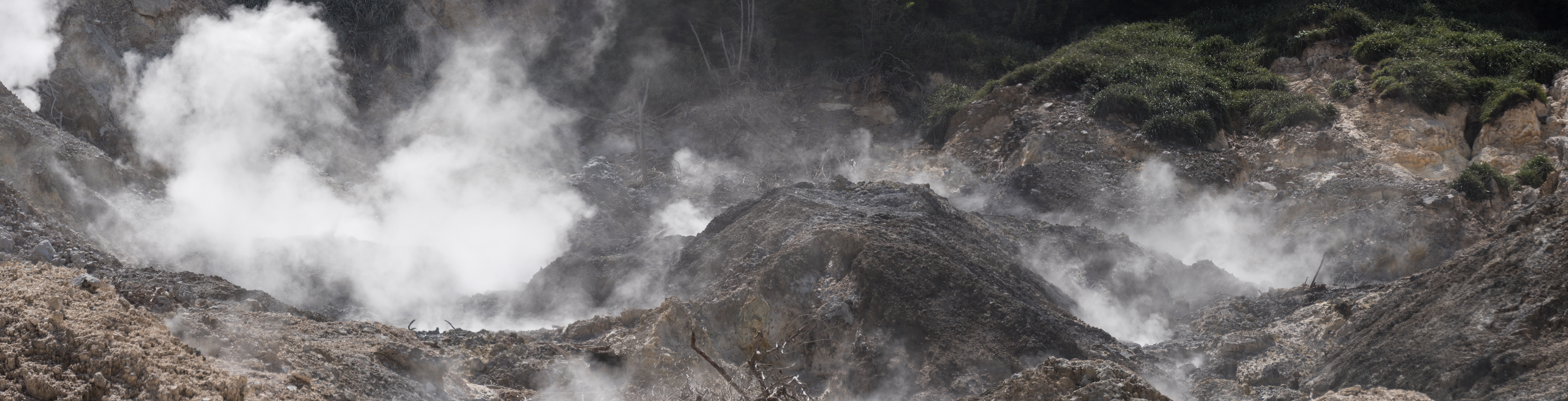Sulphur Springs geothermal area near Soufrière, Saint Lucia showing hot pools and steaming fumaroles - April, 2017.