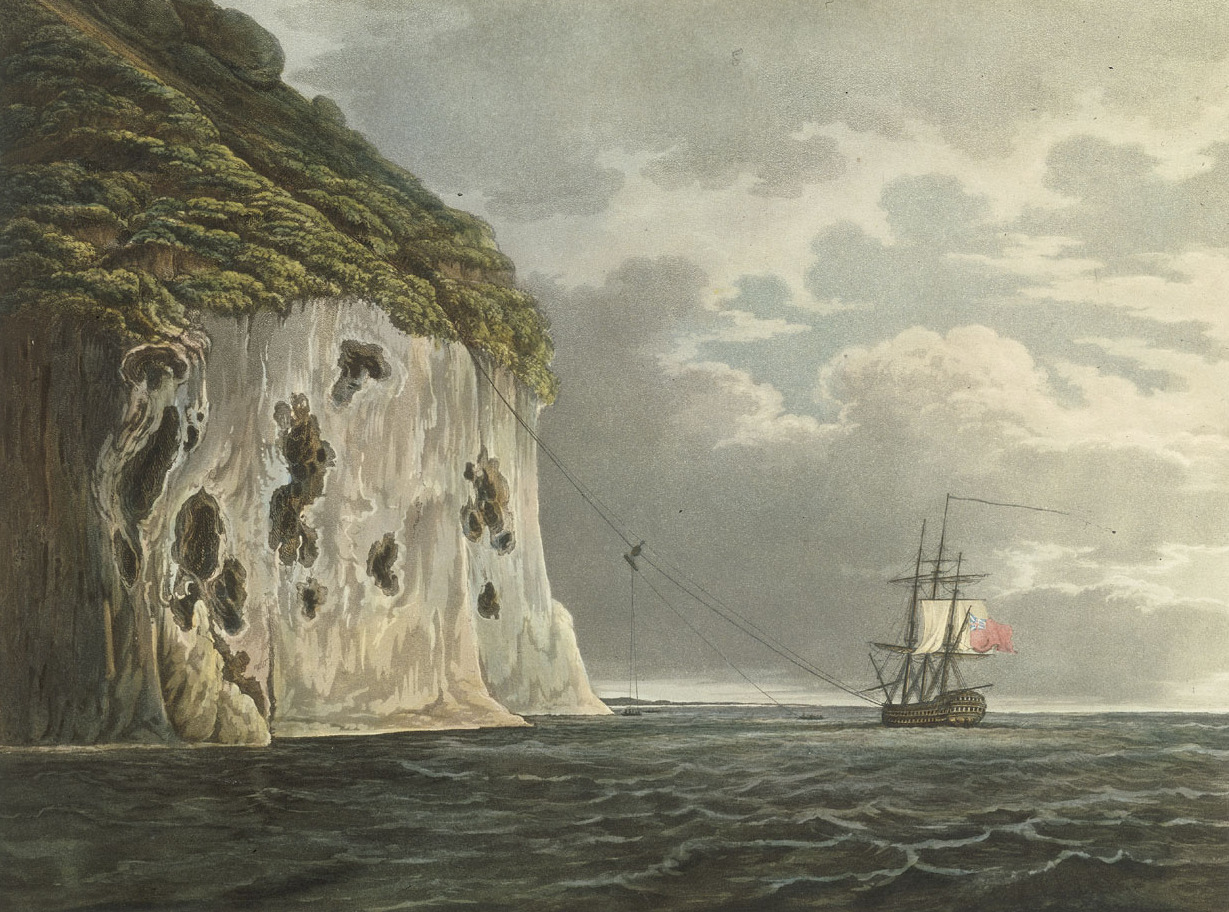 Picturesque Views of the Diamond Rock... South East View of the Diamond Rock, with the Cannon being hauled up from the Centaur by the Cable
Materials: aquatint &amp; etching, coloured
Measurements: Sheet: 470 x 590 mm; Mount: 607 mm x 836 mm

PAH9544