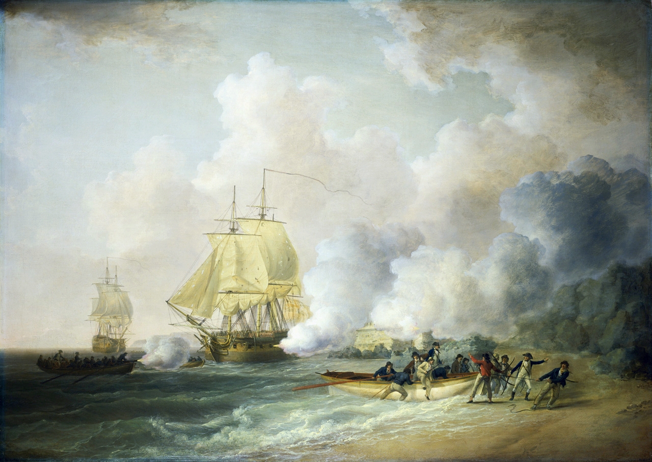 On 5th February 1794, Sir John Jervis and Lieutenant General Sir Charles Grey, arrived at Martinique and by 20th March the whole island, with the exception of Fort Bourbon and Fort Royal, had submitted. Jervis ordered the 'Asia', 64 guns and the 'Zebra' sloop to storm Fort Louis, the chief defence of Fort Royal. The 'Asia' was unable to reach her position, and so Commander Faulknor of the 'Zebra' volunteered to attempt to capture it alone. He ran his sloop close under the walls notwithstanding a very heavy fire, jumped overboard and followed by his ship's company, stormed and captured the fort. Meanwhile the boats captured Fort Royal and two days later Fort Bourbon capitulated. The painting shows the beach, with the fort beyond on the right, where a ship's barge has run ashore. Commander Faulknor is shown leading his men up the beach towards the fort, which is shrouded with gunsmoke. To the left of the fort and close under its walls is the 'Zebra' in port-bow view, engaging to port. On the left of the picture another ship's boat is making for the shore, firing a swivel-gun from her bow. Beyond her are other boats heading for the beach and in the background is the 'Asia', starboard-bow view.[1]