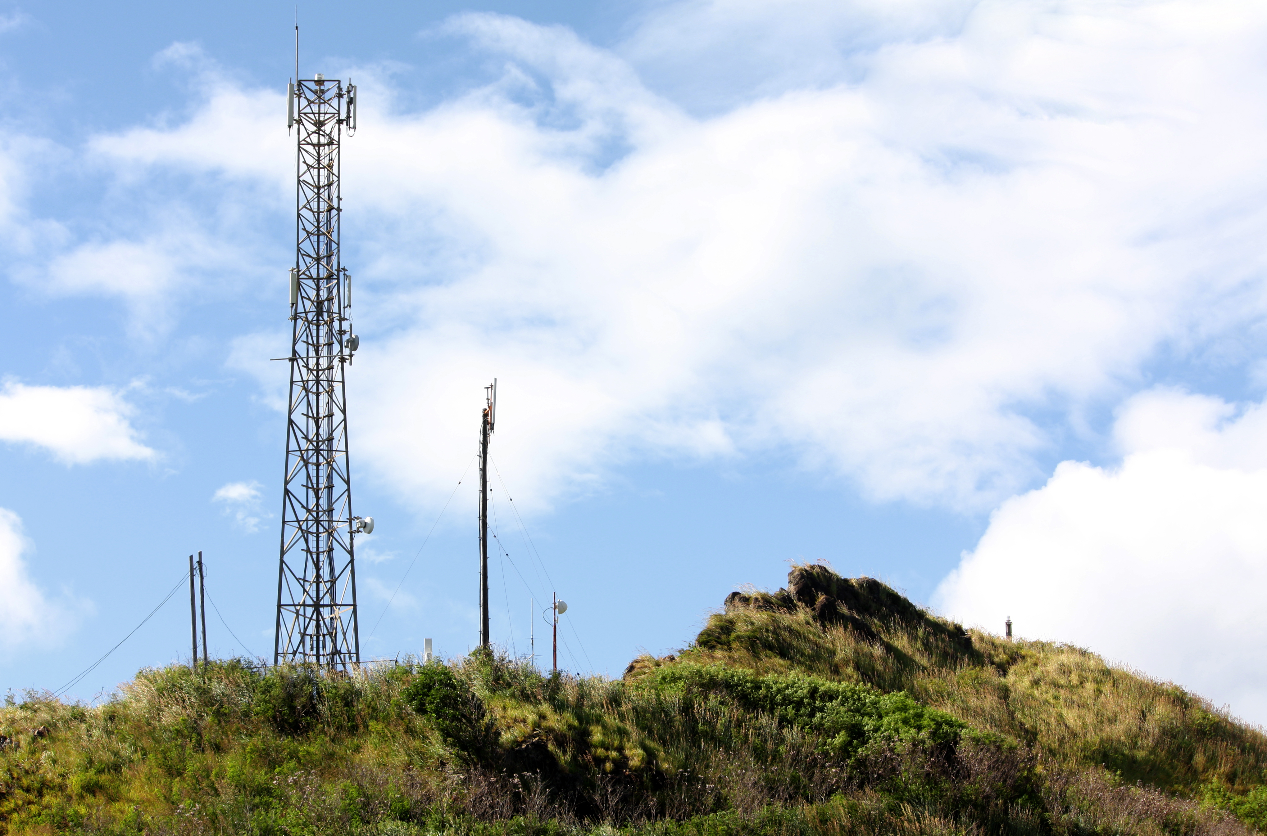 Scotts Head peninsula; Cable & Wireless facilities on top of hill. Saint Mark Parish, Dominica.