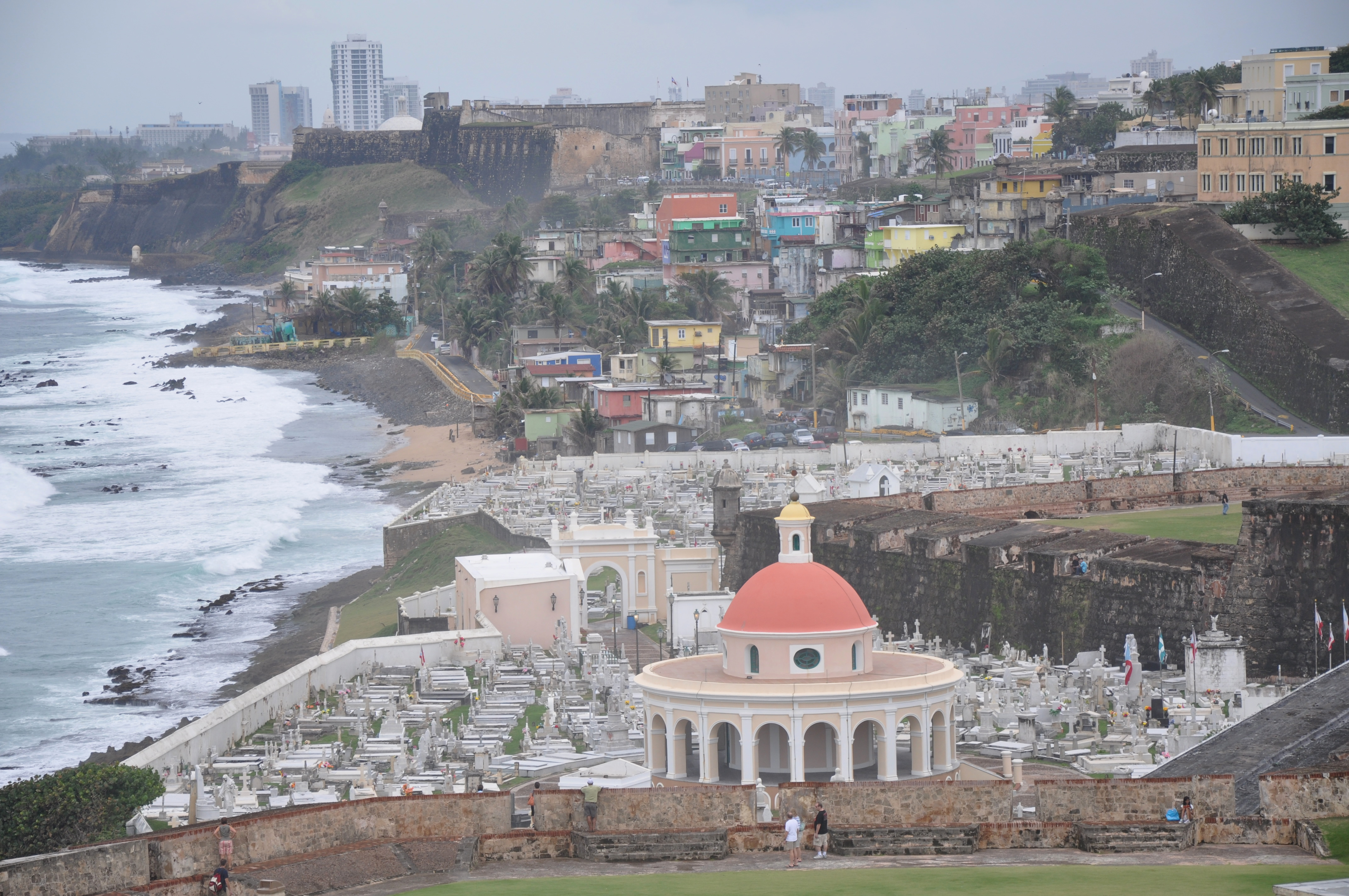 Santa María Magdalena de Pazzis Cemetery is a colonial-era cemetery located in Old San Juan, Puerto Rico. It is the final resting place of many of Puerto Rico's most prominent natives and residents. Construction began in 1863 under the auspices of Ignacio Mascaro. The cemetery is located outside the walls of Fort San Felipe del Morro fortress, one of the island's most famous landmarks. The average height of the wall is 40 feet and the width ranges from 15 to 20 feet. It was named in honour of Saint Maria Magdalena de Pazzi.

According to Rafael Rodríguez, Chaplain and director of pastoral services at University of the Sacred Heart located in the Santurce district of the capital, the location of the cemetery is central to the Puerto Rican belief in the separation of death and life. The colonial Spanish government at the time construction of the cemetery commenced, viewed death with fear because it was a mystery. Therefore, they decided to build the cemetery to overlook the Atlantic Ocean to symbolize the spirit's journey to cross over to the afterlife [Wikipedia.org]