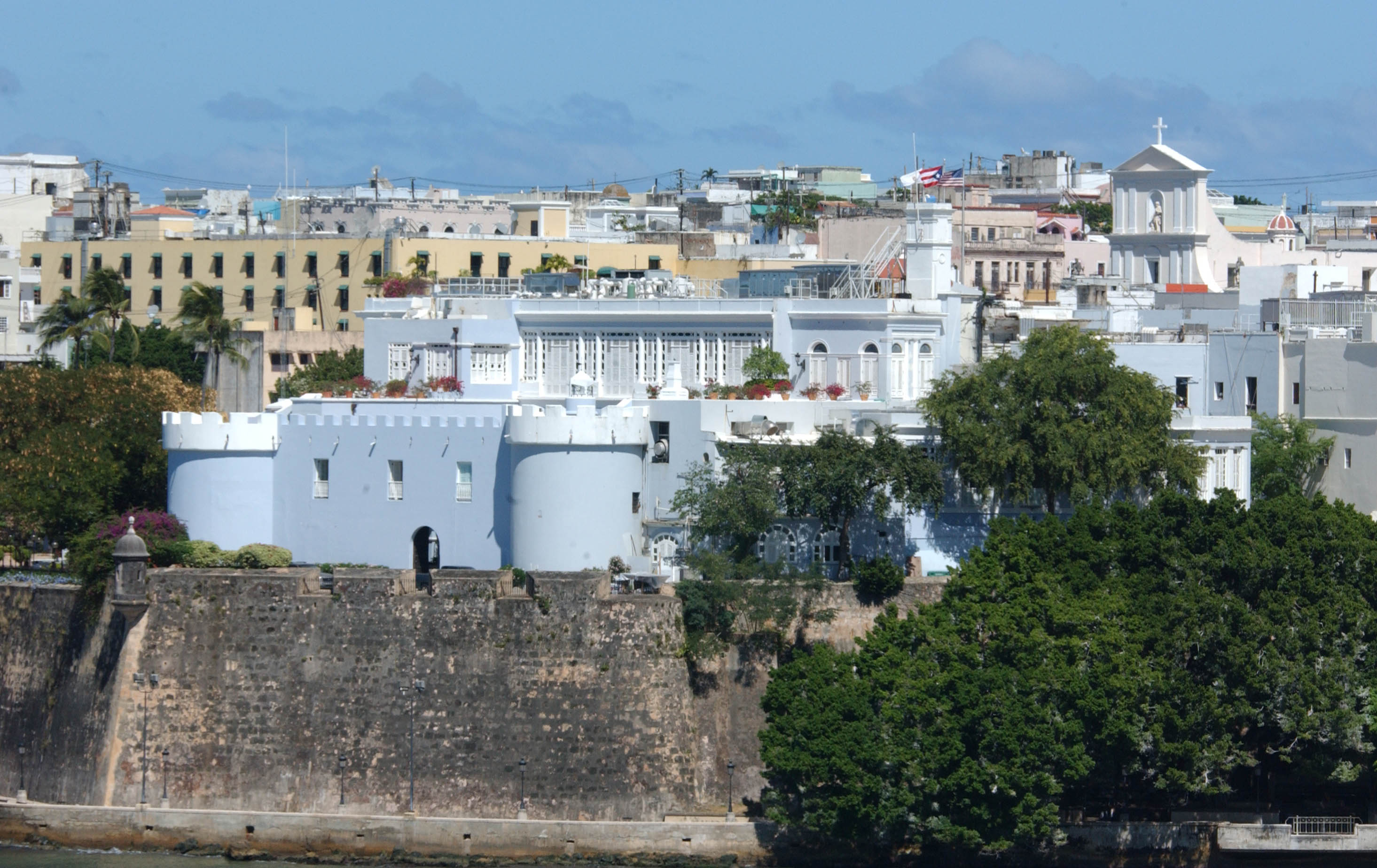 SAID TO BE THE OLDEST EXECUTIVE MANSION IN USE IN THE WESTERN HEMISPHERE. THIS PICTURE SHOWS A DIFFERENT VIEW AS TAKEN FROM A SHIP PASSING INTO SAN JUAN HARBOR