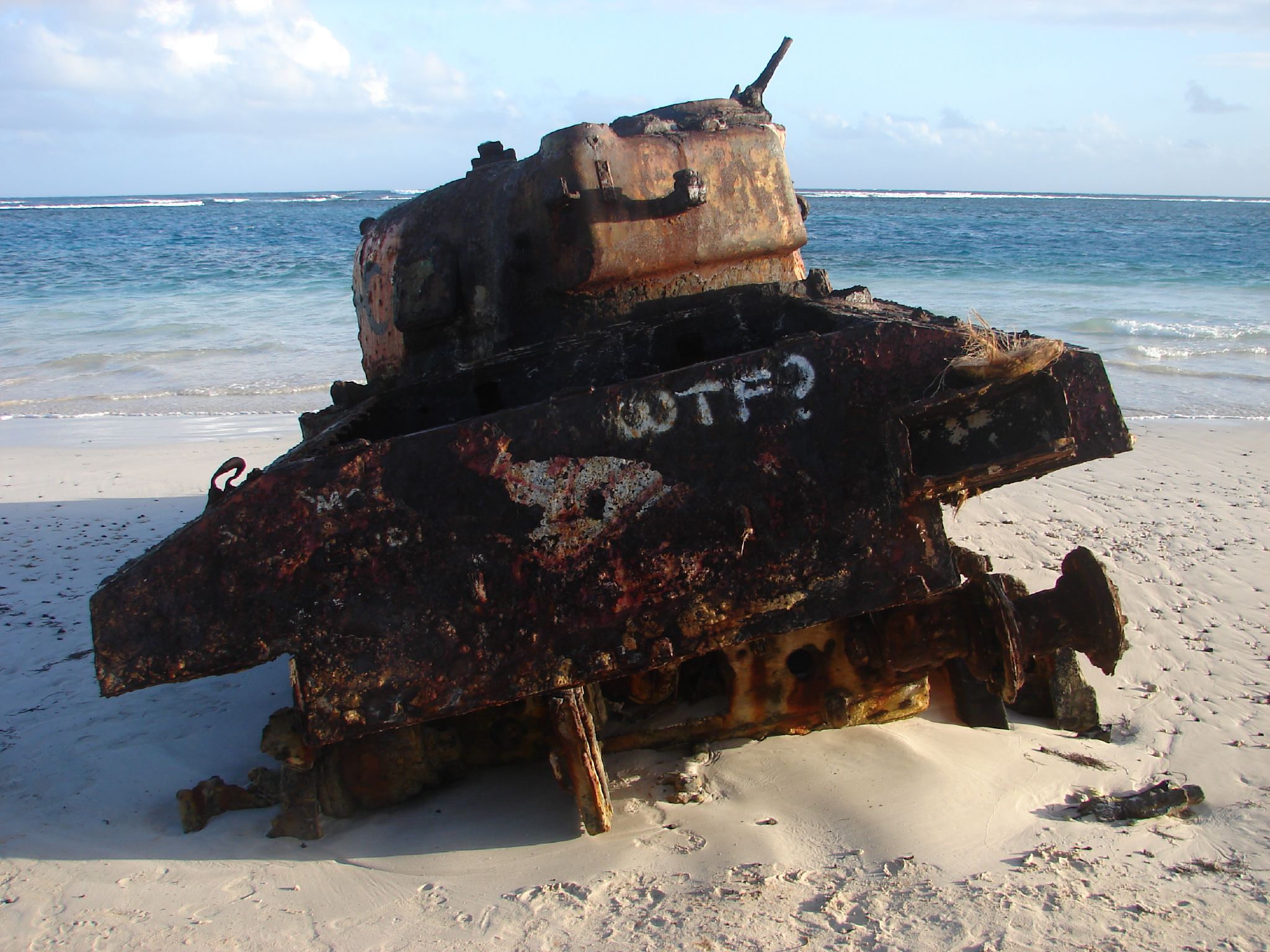 Tank left over from U.S. military shelling practice on Flamenco Beach on the island of Culebra, Puerto Rico, having "WTF?" spray-painted on it.