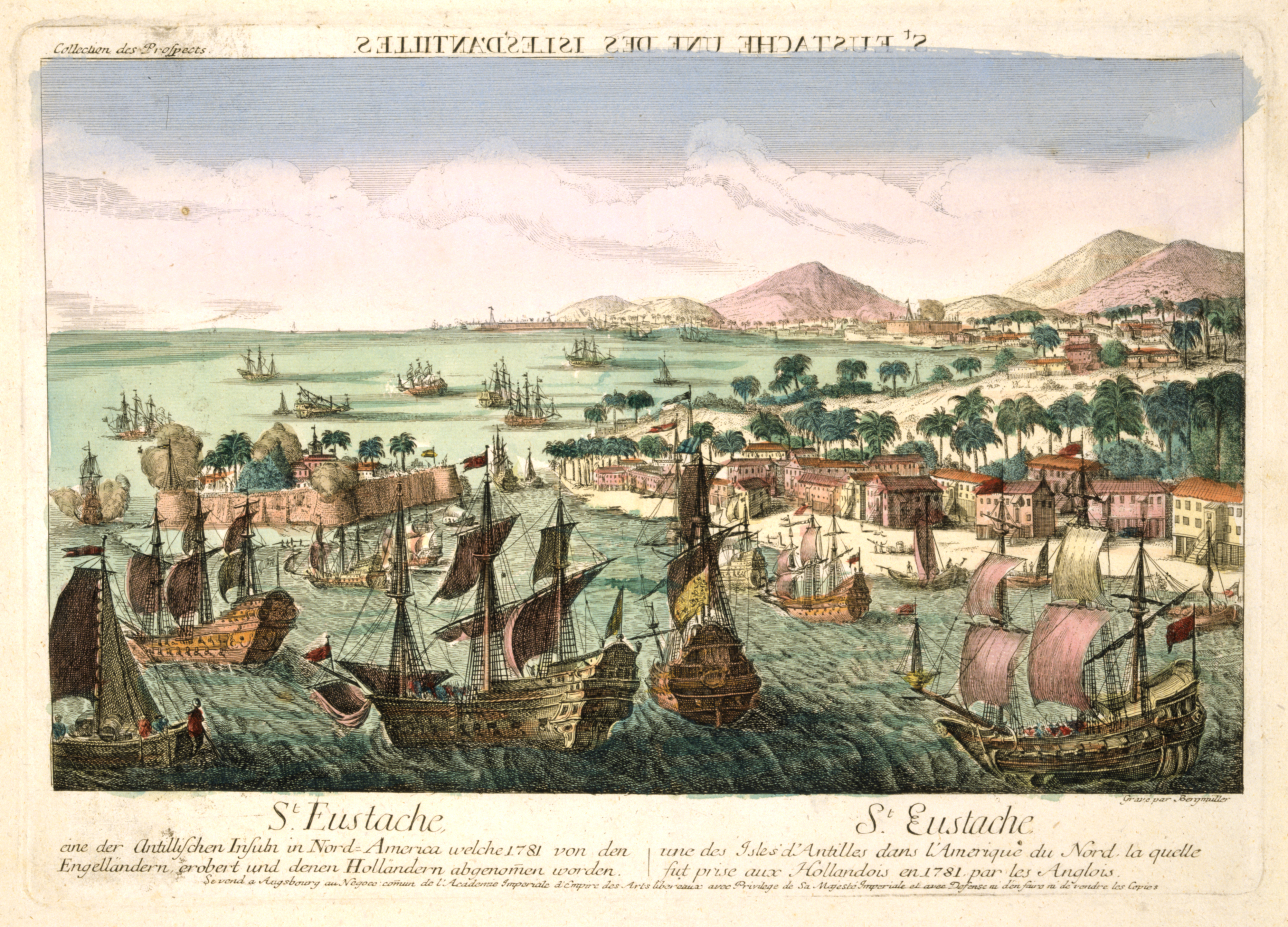 German print color of the island of St. Eustatius. Text in French and German. The shape of the vessels suggests the resumption of an older image, probably from the late seventeenth century.
As a peep show card it shows the header in mirror writing:

The island of St. Eustatius taken by the English fleet in February 1781. The island was pillaged by the troops of George Rodney