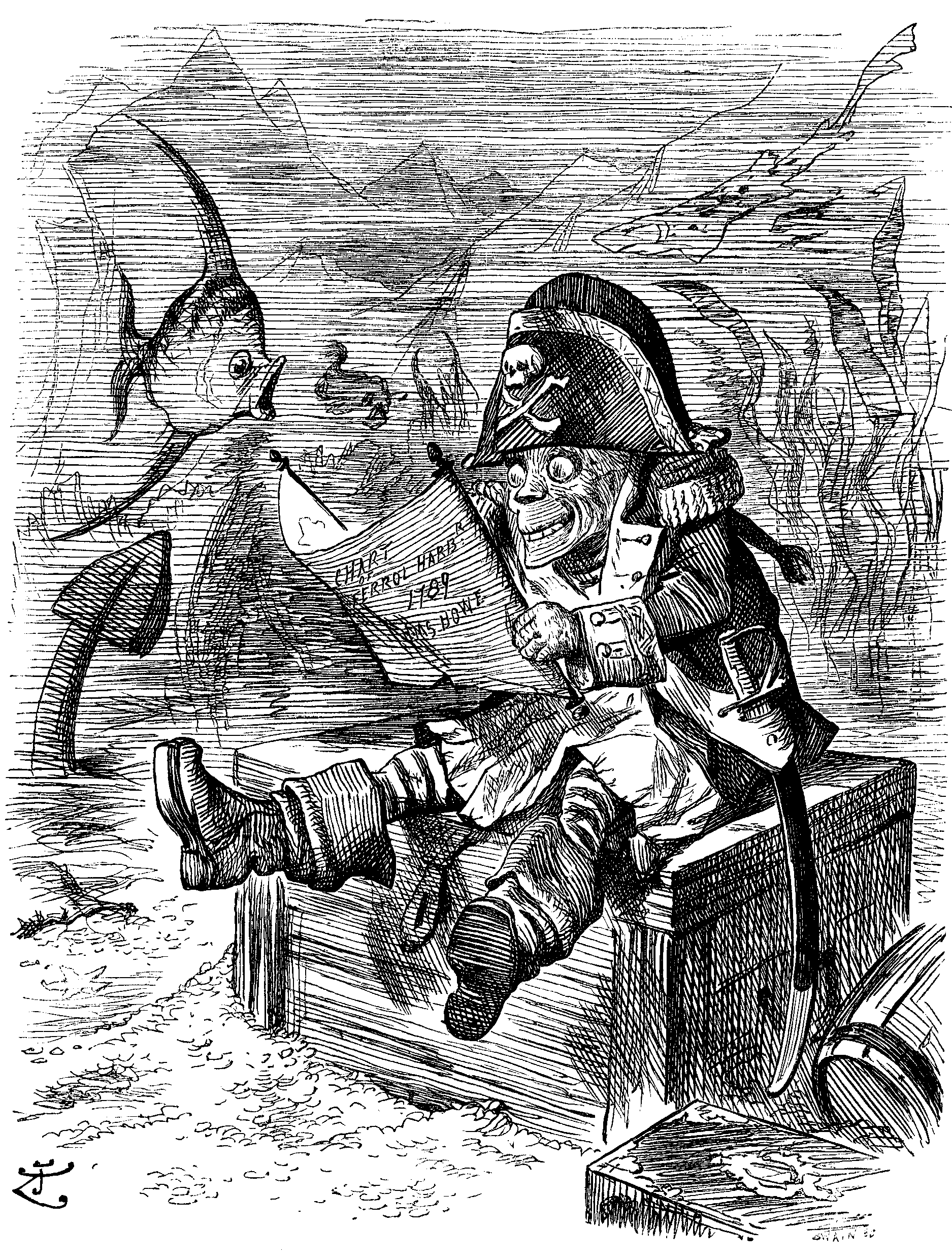 Illustration of Davy Jones sitting on his locker, wearing a pirate captain's uniform, while viewing a 1789 chart of Ferrol Harbor, Spain, belonging to HMS Howe. The ship had run aground at the mouth of the harbor on 2 November 1892, allegedly after using a poorly prepared naval chart to navigate its waters. A Royal Navy court-martial opened an inquiry into the conduct of Vice Admiral Henry Fairfax, who was charged with negligence for ordering a hazardous course when the ship entered harbor. On 7 January 1893 the court found that the charge against Fairfax was not proven.
"Davy Jones' Locker" is an idiom for the bottom of the sea: the state of death among drowned sailors. It is used as a euphemism for death at sea (to be "sent to Davy Jones's Locker"), whereas the name Davy Jones is a nickname for what would be the devil, saint, or god of the seas. The origins of the name are unclear and many theories have been put forth, including incompetent sailors, a pub owner who kidnapped sailors, or that Davy Jones is another name for the devil—as in "Devil Jonah". This nautical superstition was popularized in the 19th century.
The imprint:
CHART
.mw-parser-output .smallcaps{font-variant:small-caps}of
FERROL HARBR
1789
HMS HOWE
The title and caption (not shown):
"DAVY JONES'S LOCKER."
Davy Jones. "AHA! SO LONG AS THEY STICK TO THEM OLD CHARTS, NO FEAR O' MY LOCKER BEIN' EMPTY!!"
The accompanying text feature (not shown):
"DAVY JONES'S LOCKER."
Davy Jones, loquitur:—
"Fifteen men on the dead man's chest. Hey! ho! and a bottle of rum!"
Faith, that's a chorus I can rattle off with zest. Gratefully it clatters upon Davy's tym-pa-num,
Like a devil's tattoo from Death's drum! Fi! Fo! Fum! These be very parlous times for old legends of the sea.
Vanderdecken is taboo'd, the Sea Sarpint is pooh-pooh'd, but 'tis plain as any pikestaff they can't disestablish Me!
Daddy Neptune may delight in the Island trim and tight, where his sea-dogs breed and fight, as in days of yore,
When old Charlie Dibdin's fancy piped free songs of Jack and Nancy, of Jolly Salts at sea, and Old Tarry-Breeks ashore;
But if Britons rule the waves, as the grog-fired sailor raves, when he dreams of glorious graves in the deep dark main,
Daddy Neptune must allow Davy shares his empire now, or the Sultan and the Howe have gone down in vain.
Daddy Neptune loves me not. Plumped by storm or by shot, my Locker held a lot in the days gone by,
But 'tis daily growing fuller. Is the British Tar off colour, are the sea-dogs slower, duller, though as game to die?
Has Science spoilt their skill, that their iron pots so fill my old Locker? How I thrill at the lumbering crash,
When a-crunch upon a rock, with a thundering Titan shock, goes some shapeless metal block, to immortal smash?
Oh! it's real, rasping fun! Mighty hull, monster gun, all are mine ere all's done; and the millions madly spent
On a lollopping wolloping kettle, with ten thousand tons of metal sink as the Titans settle, turtle-turned, or wrenched and rent,
To my rocks and my ooze. I seem little like to lose by the "Progress" some abuse, and the many crack up.
Ah! Neptune, sour old lad, Davy Jones may well look glad at the modern Iron-clad, and thank Armstrong and Krupp!
Science and Salvage? Fudge! If I am any judge, my sea-depths and salt sludge will not lose by them.
Nep calls me callous mocker, but, according to my Cocker, I may laugh, with a full Locker, whilst the fools condemn.
Think of daring the blue brine with a chart of the Eighty-Nine, and "a regular goldmine" in one huge black hulk!
Whilst the lubbers stick to that, I shall flourish and grow fat like a shark or ocean-rat, though old Nep may sulk.
Demon-Sexton of the Deep! Ha! ha! Ho! ho! I keep my old office. Wives may weep, and the taxpayers moan;
Let the grumblers make appeal to King Science! Lords of Steel, Iron Chieftains, do ye feel when your victims groan?
Davy Jones is well content with that tribute ye have sent, with the millions ye have spent just to glut his gorge;
He had seldom such a fill in the days of wood—and skill—constant sea-fights, or the spill of the Royal George.
Good old false last-century Chart! Though the conning may be smart, and the steersman play his part, Palinurus-like,
Whilst they trust to your vain vellum, which is almost sure to sell 'em, even Davy Jones can tell 'em, they may sink or strike.
Hooray, King Death, hooray! Who says we've had our day! Pass the rum and let's be gay. Not that "dead man's chest,"
Robert Louis grimly sings, like my "Locker Chorus" rings—mingling weirdly wedded things—grisly doom and jest!