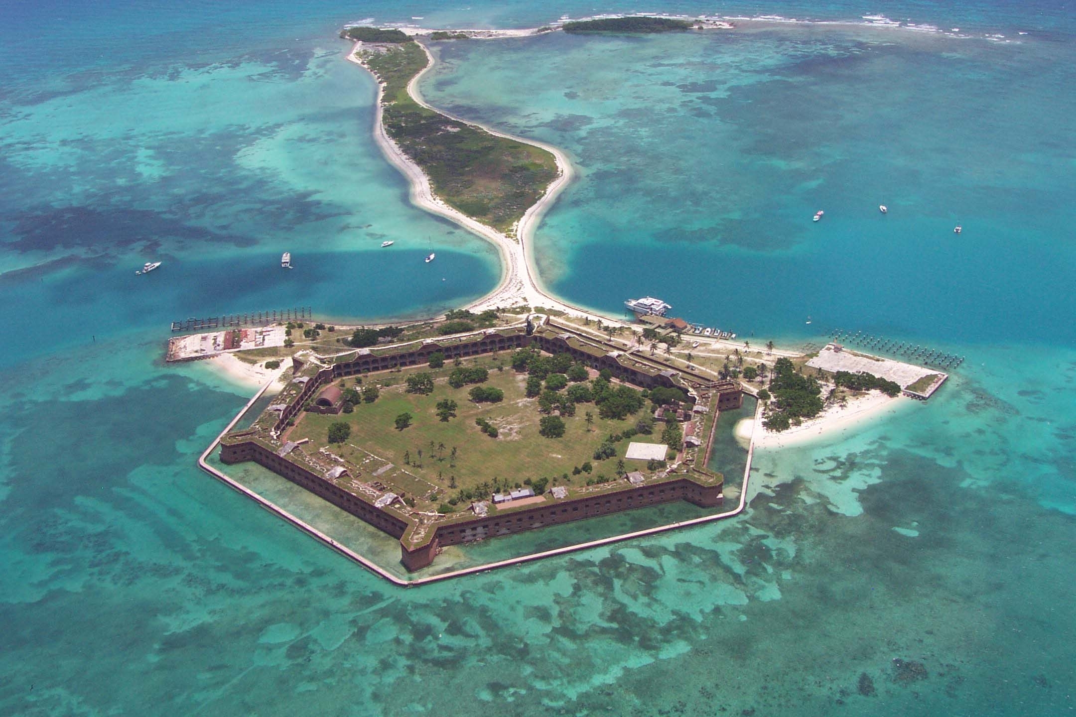 An aerial view of an island with a hexagon shaped fort.
Dry Tortugas National Park is located in Florida and was added to the Network in 2019. This site served as a prison for Reconstruction era political prisoners - most notably Dr. Samuel Mudd.