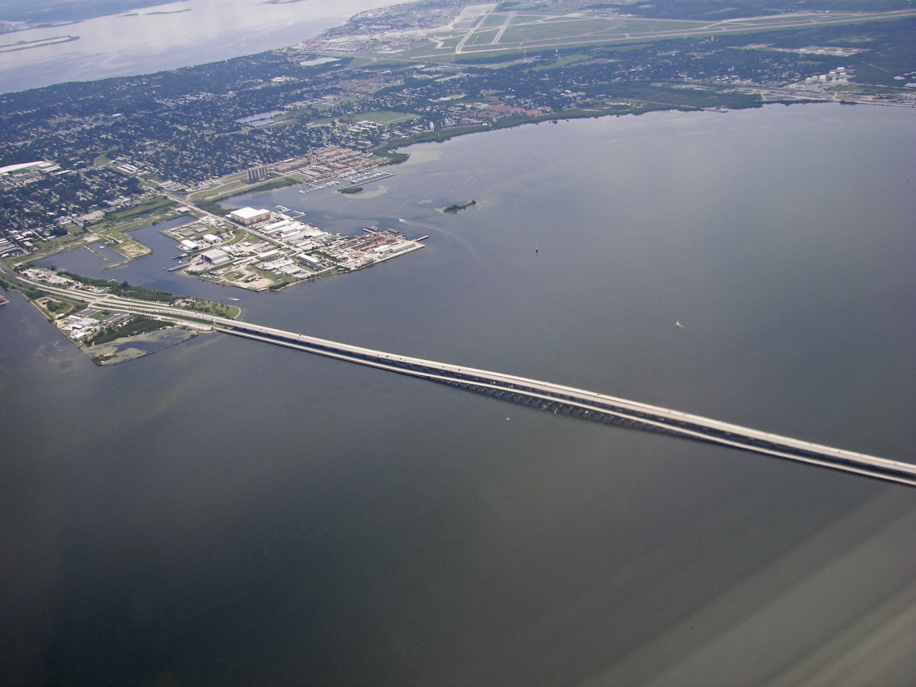 Aerial view of South Tampa, Florida including MacDill Air Force Base and the Gandy bridge.