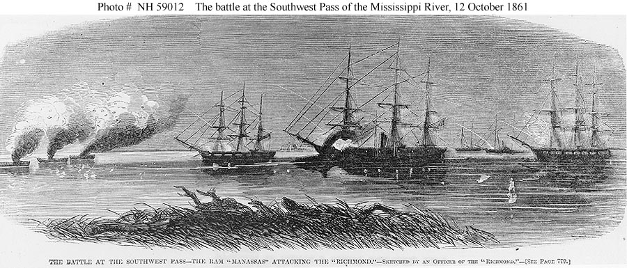 Confederate ironclad ram CSS Manassas attacks the USS Richmond in the Battle of the Head of the Passes, 12 October 1861.
Harper's weekly, 1861 Dec. 7, p. 773.