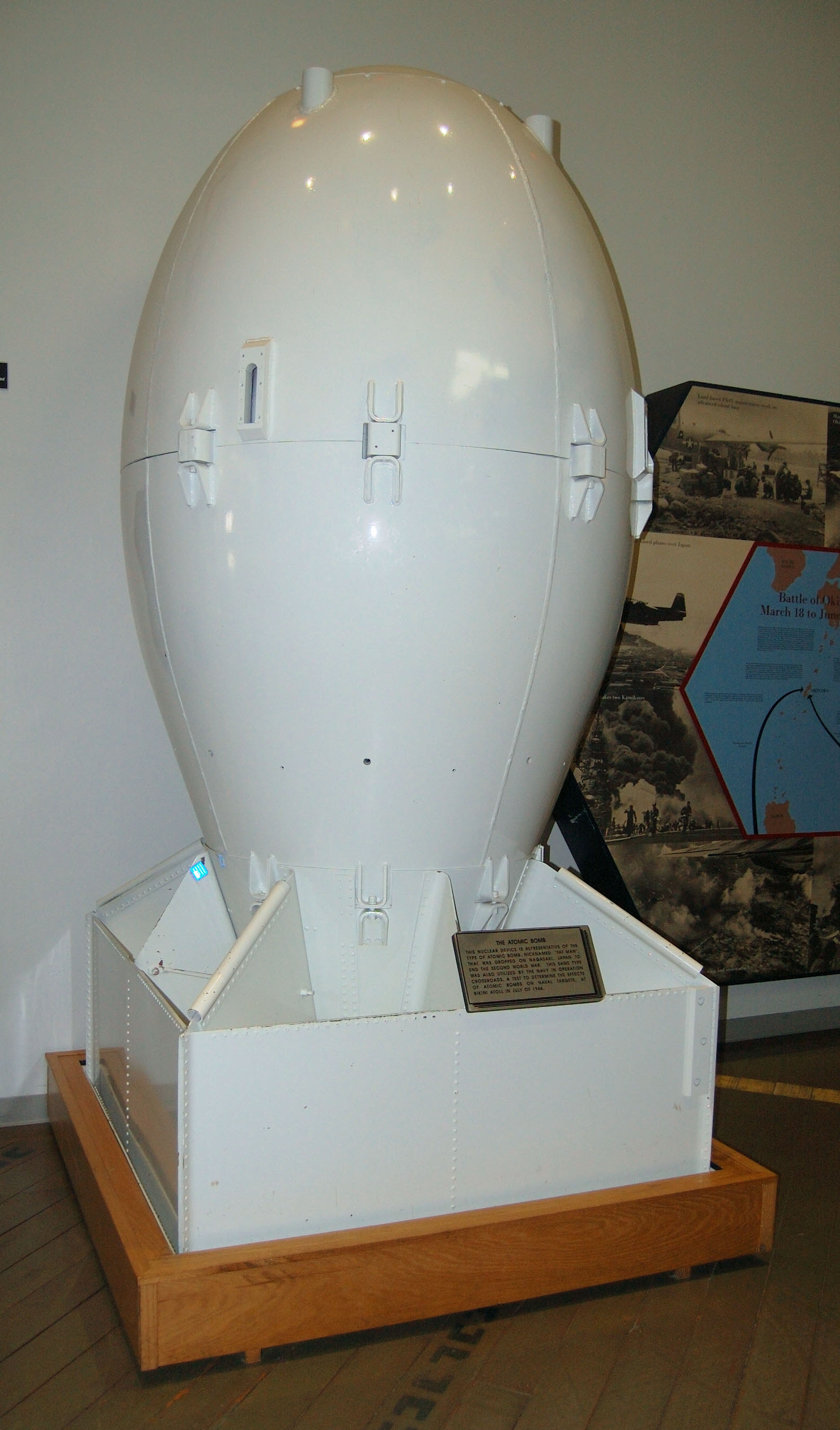 This nuclear device is representative of the type of atomic bomb, nicknamed Fat Man, that was dropped on Nagasaki, Japan to end the second world war. This same type was also utilized by the Navy in Operation Crossroads, a test to determine the effects of atomic bombs on naval targets, at Bikini atoll in July of 1946.