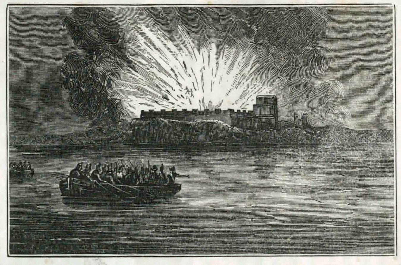 The Battle of Pensacola (1814). Pictorical representation about the destruction of the fort Barrancas, in Pensacola, by the British and of his escape.