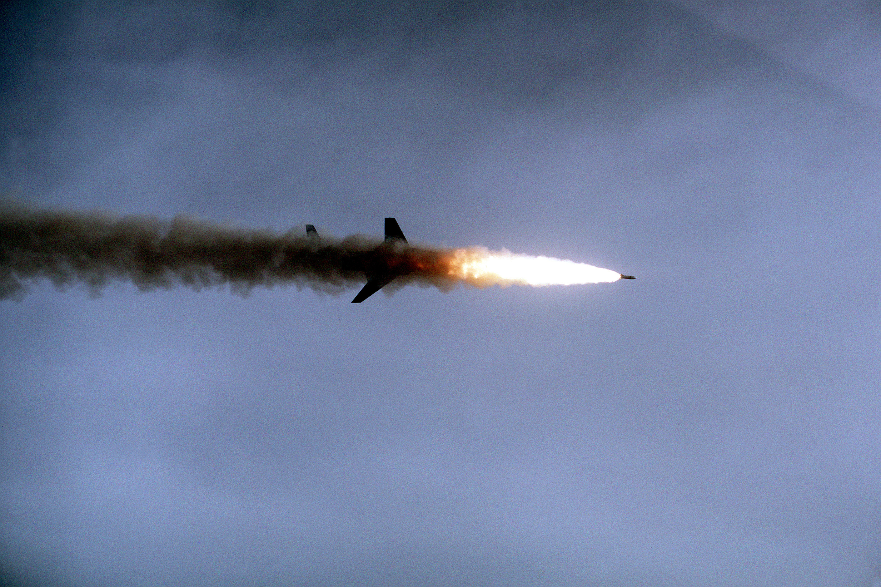 A Canadian Air Forces McDonnell CF-101B Voodoo aircraft of 409 Squadron firing an AIR-2 Genie air-to-air missile during the air-to-air combat training exercise William Tell '82 at Tyndall Air Force Base, Florida (USA), on 9 October 1982.