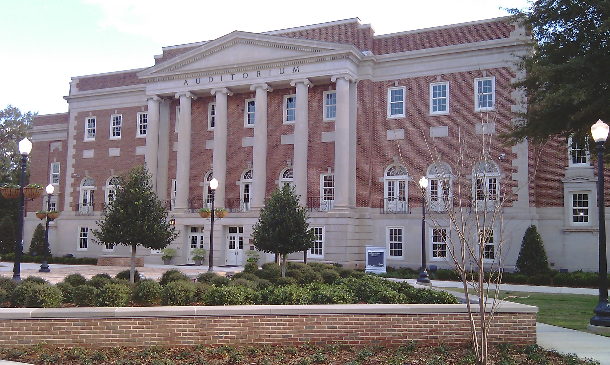 Foster Auditorium and Malone Hood Plaza on the campus of the University of Alabama in Tuscaloosa, Alabama. Taken from the northwestern corner of the plaza.