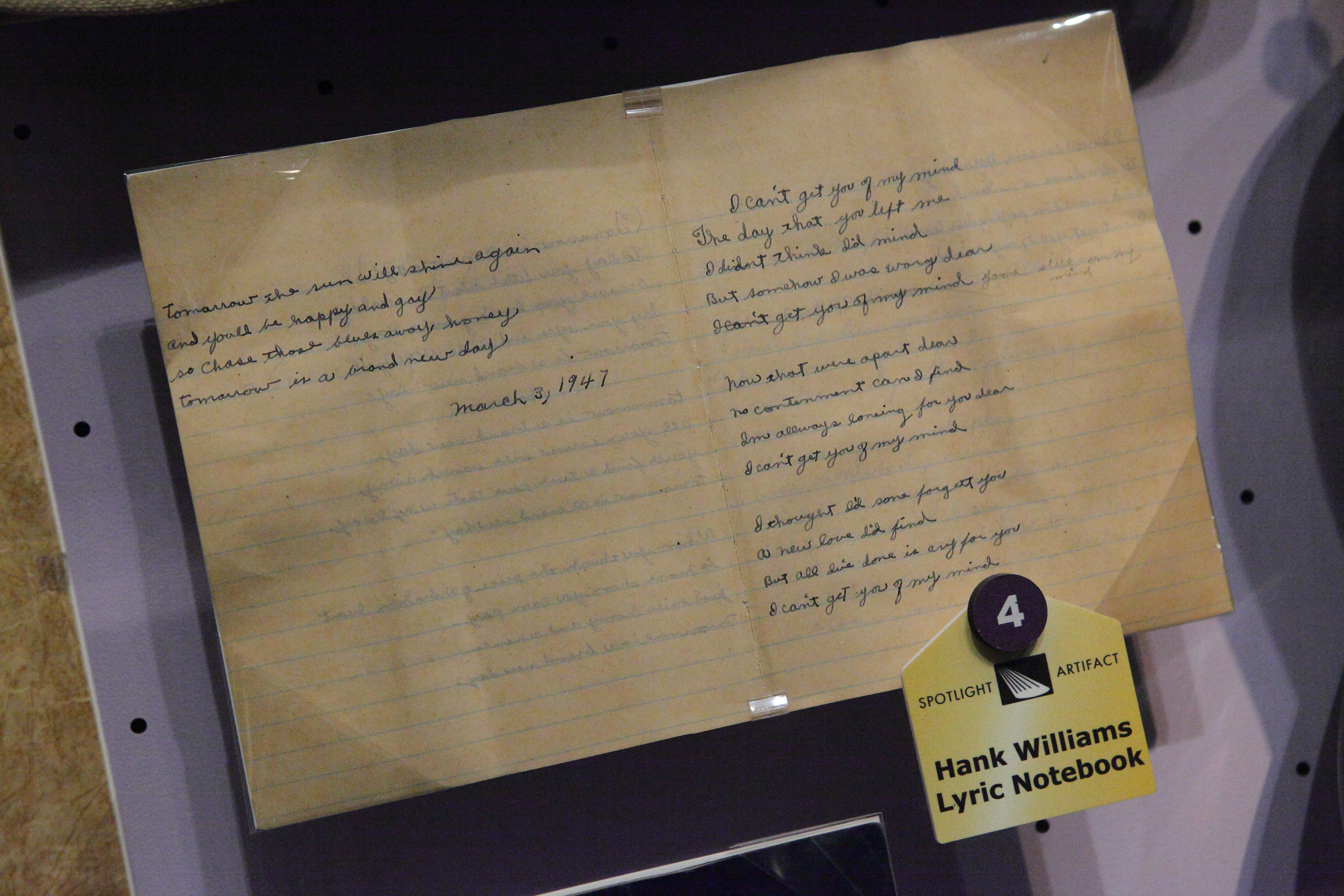 Hank Williams' notebook at the Rock and Roll Hall of Fame in Cleveland, Ohio.
Flickr Tags: ohio cleveland country hankwilliams rockandrollhalloffame lyricnotebook march31947 spotlightartifact.
Flickr Tags: Rock and Roll Hall of Fame Cleveland Ohio.

from Flickr album "Rock and Roll Hall of Fame" by Sam Howzit.