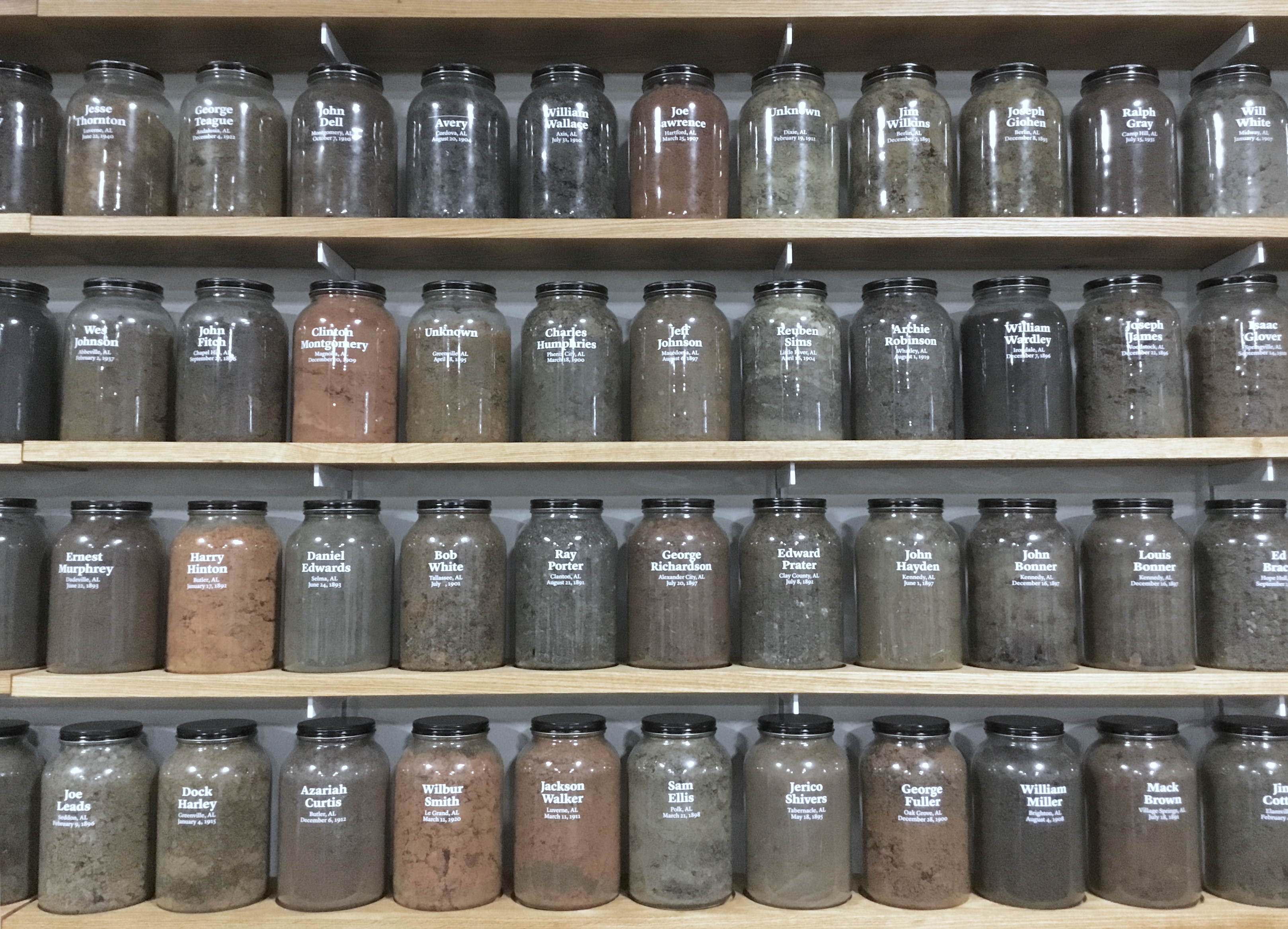 Part of the Equal Justice Initiative memorial to those persons who were lynched in Alabama because of their color. A museum is being built in Montgomery to tell the story of injustice and terror endured by people of color during long struggle from slavery till today.