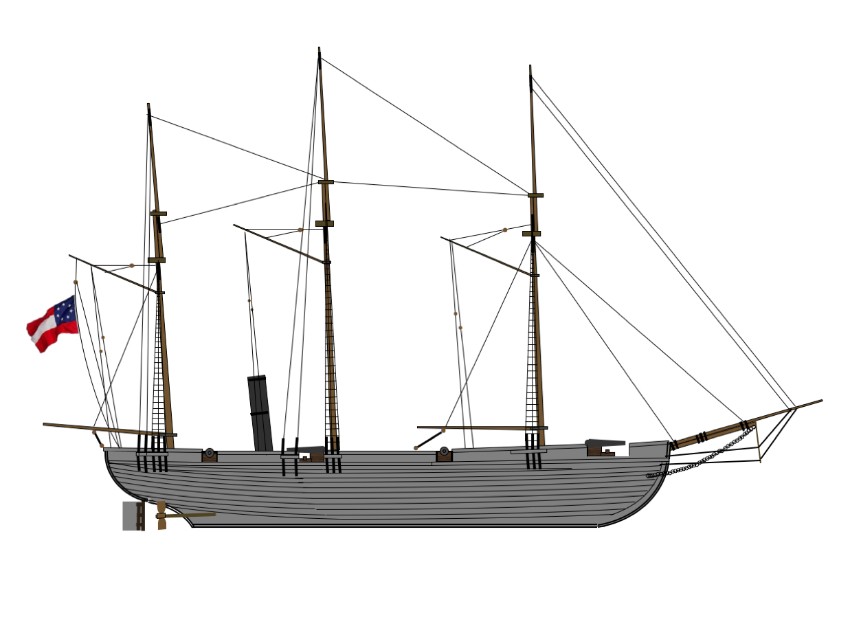 CSS Chattahoochee was a twin-screw steam gunboat built at Saffold, Georgia. She entered service in February 1863 for the Confederate States and was named after the river upon which she was built. She was 150 ft long, with a beam of 25Sh drew 8 ft of water, and cold make 12 knots. Her armament consisted of four 32-pounder smoothbore cannon mounted two on each broadside, one 32-pounder rifled cannon on pivot at he bow, and one 9-inch smoothbore cannon on pivot at midships. Her complement was 120 officers and crew. Chattahoochee was plagued by machinery failures; a boiler explosion killed 18 of her complement on May 27, 1863 as she prepared to sail from her anchorage at Blountstown, Florida, to attempt retaking the Confederate schooner CSS Fashion, captured by the Union. On June 10, 1864 she was floated and moved to Columbus, Georgia, for repairs and installation of engines and a new boiler. While she was undergoing repairs at Columbus, 11 of her officers and 50 crewmen tried unsuccessfully to capture USS Adela blockading Apalachicola, Florida. USS Somerset drove off the raiders, capturing much of their equipment. When the Confederates abandoned the Apalachicola River in December 1864, the Chattahoochee was moved up the Chattahoochee River, and then scuttled near Columbus as Union troops approached the city. (Credit Bob Holcombe, National Civil War Naval Museum at Port Columbus, Georgia).