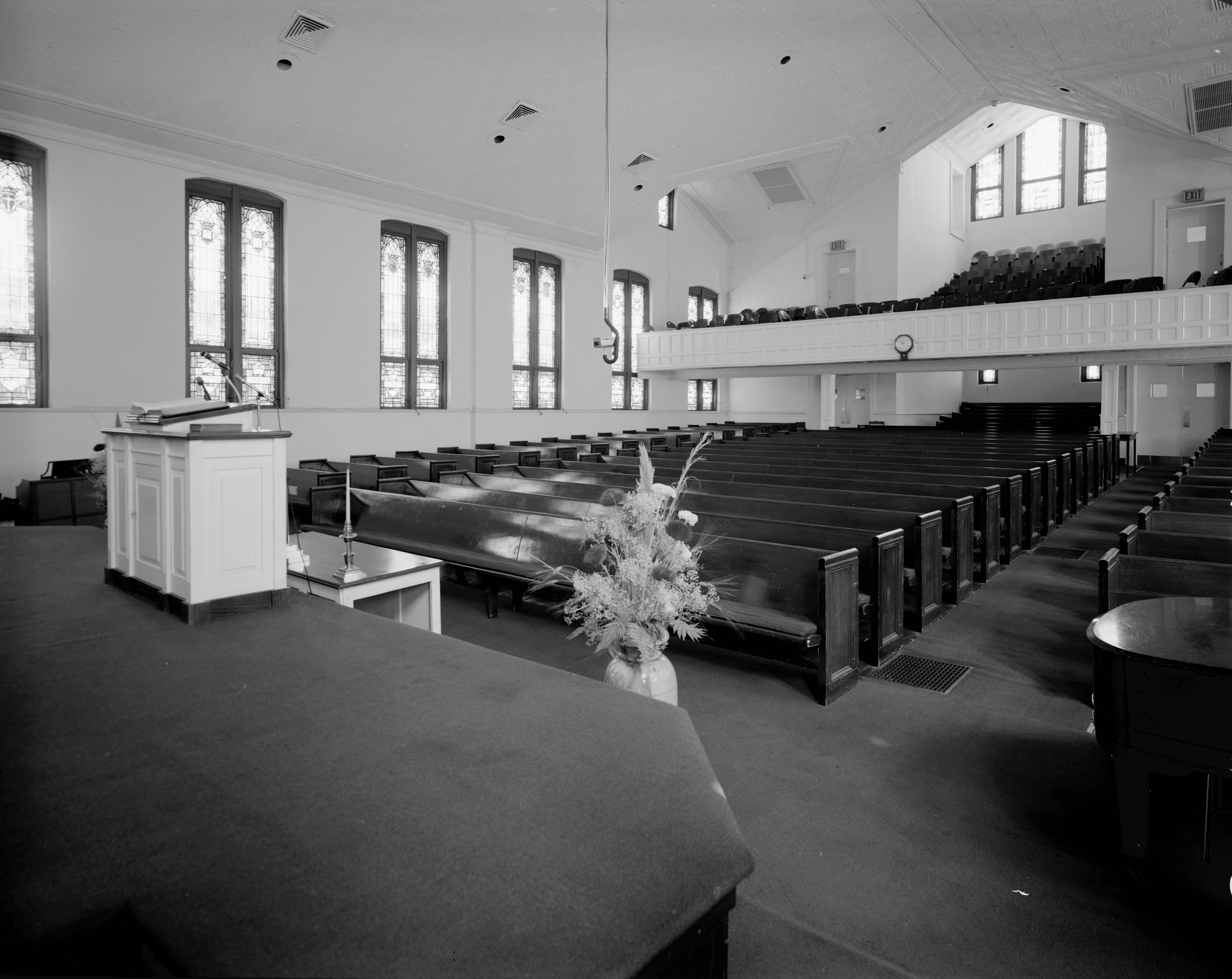 Martin Luther King, Jr. National Historic Site, Ebenezer Baptist Church, 407 Auburn Avenue Northeast, Atlanta, Fulton County, GA. 33°45′19″N 84°22′27″W / 33.75528°N 84.37417°W / 33.75528; -84.37417 Interior, view from behind pulpit, looking toward balcony. Image has been cropped to remove border.