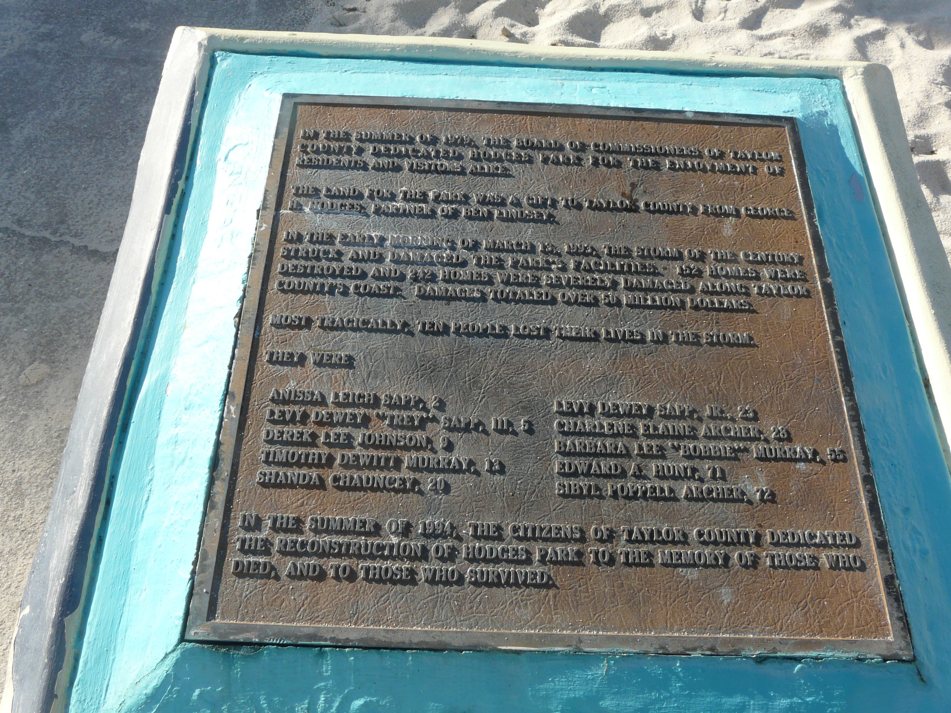 Memorial plaque for victims of the 1993 Storm of the Century at Hodges Park in Keaton Beach, Florida.