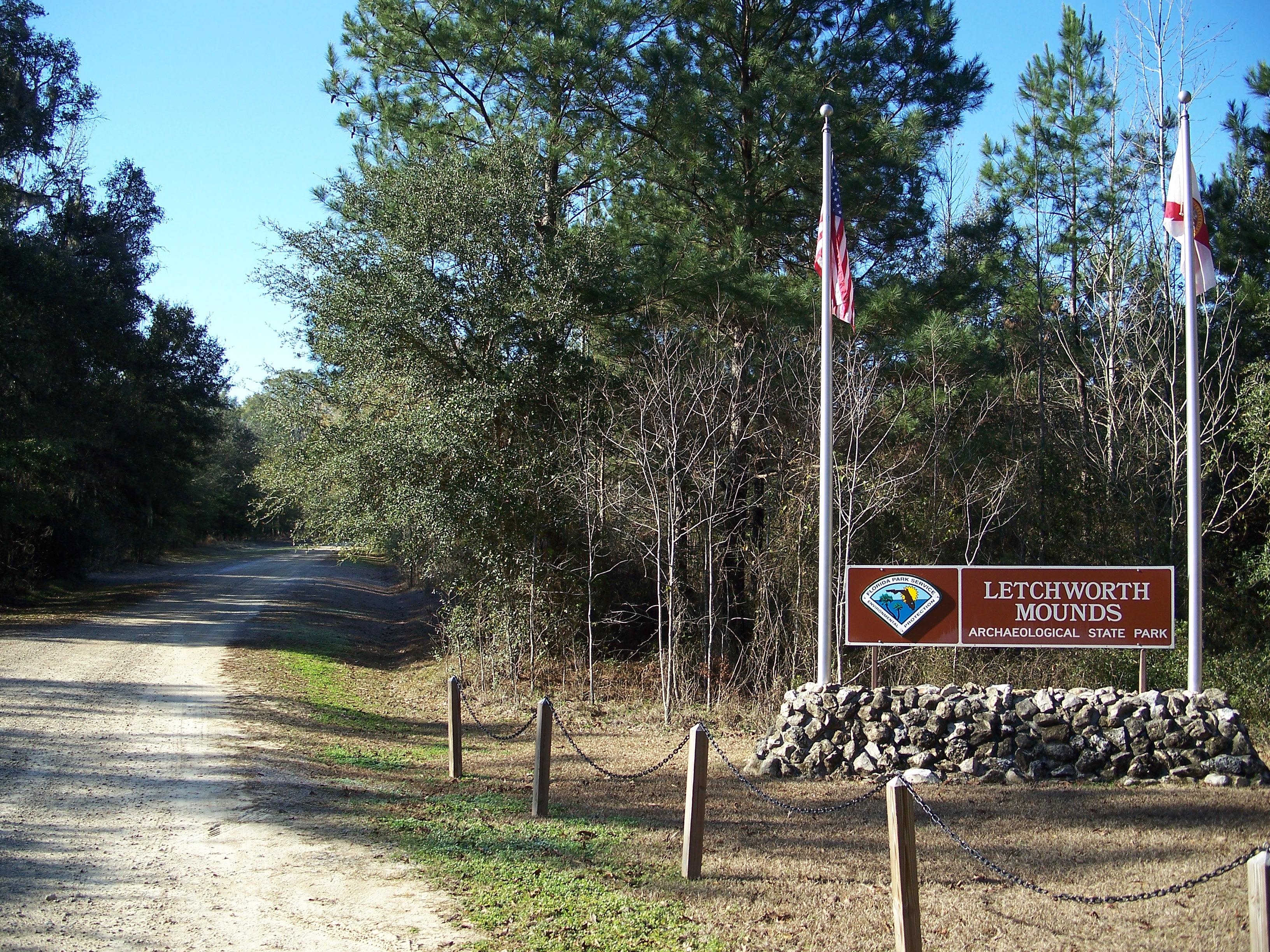 Entrance to Letchworth Mounds Archaeological State Park, near Monticello, Florida