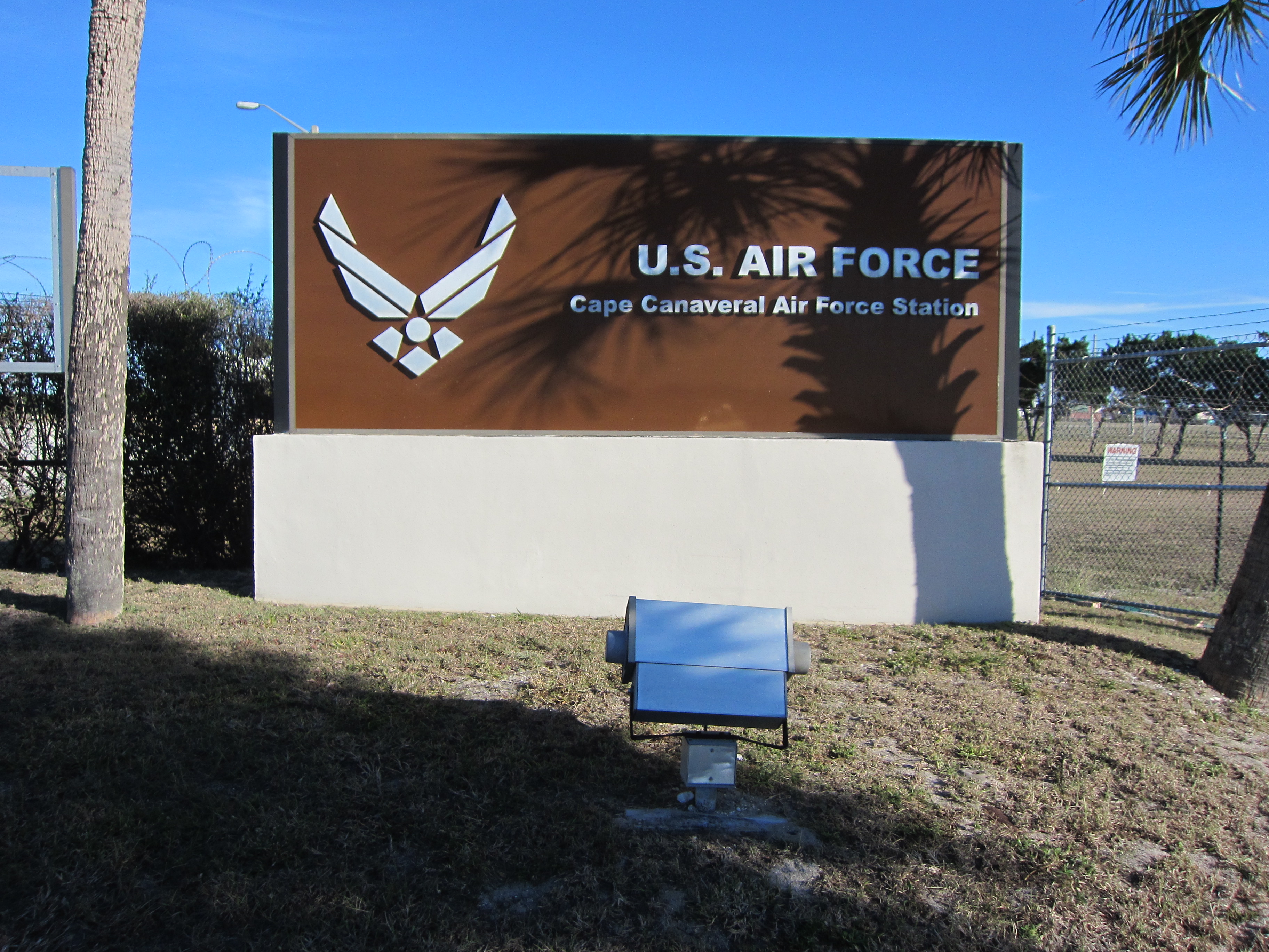 Sign at the entrance to the Cape Canaveral Air Force Station, Florida on Samuel C. Philips Parkway.