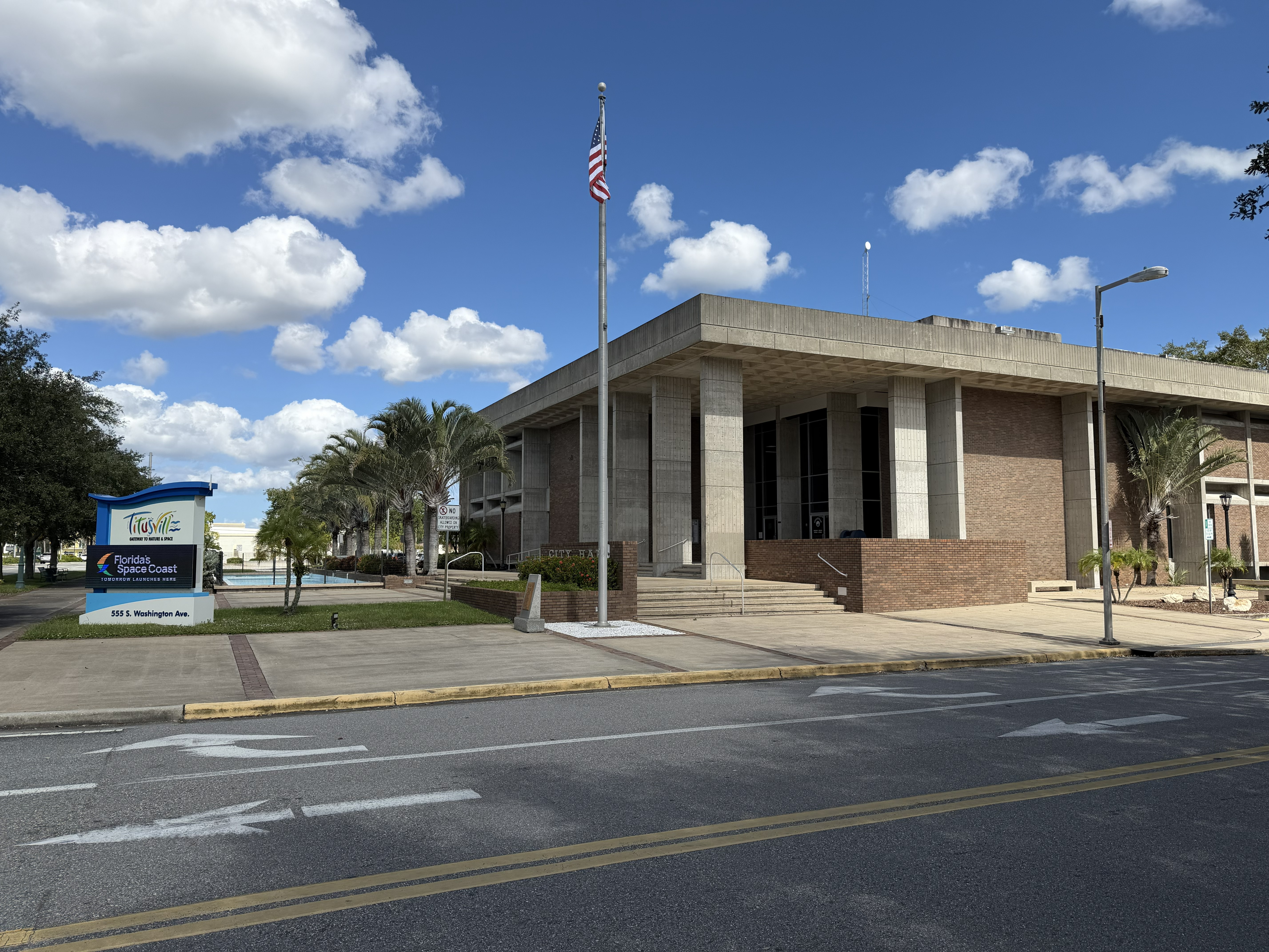 Titusville City Hall and sign for Florida’s Space Coast, Titusville, Florida